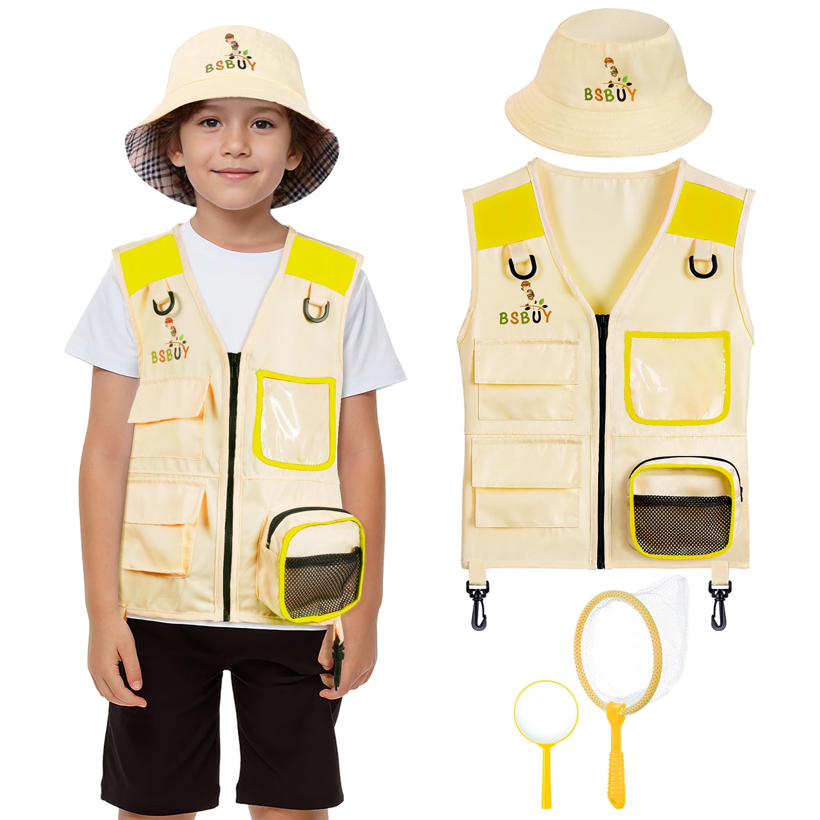 BSBUY Kid Explorer Kit Outdoor Adventure Set, 4PCS Kid Explorer Costume Kit Bug Hunting Costume Hat Vest, Outdoor Educational Kit Camping Adventure Dress Outfits for Dress up and Role Play(Yellow)