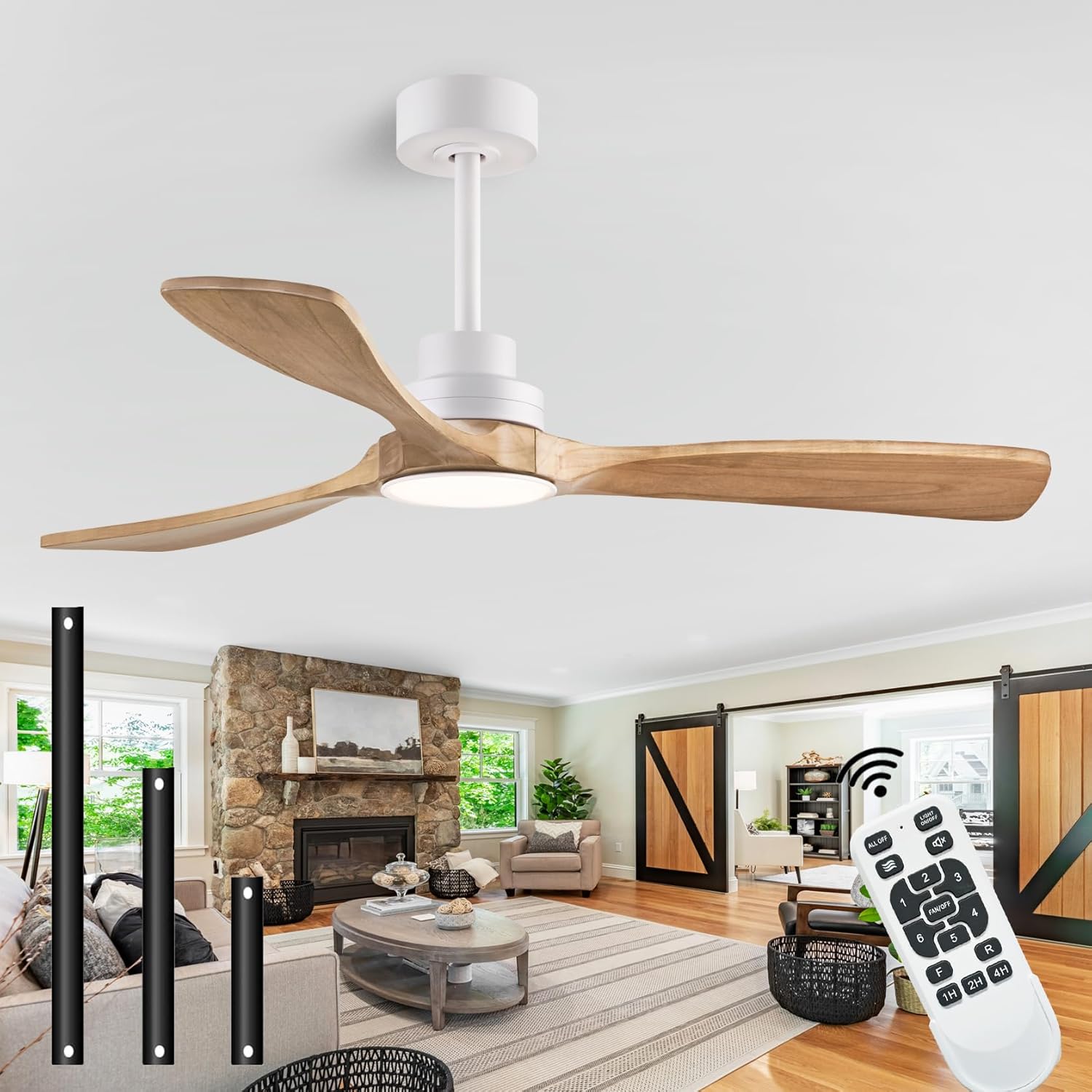 52" Ceiling Fans with Light with Remote Control Ceiling Fans with 3 Wood Blades, Solid Wood Ceiling Fan Indoor Outdoor for Dining Room, Living Room, Office, Farmhouse etc.… White + Original Wood 52-inch