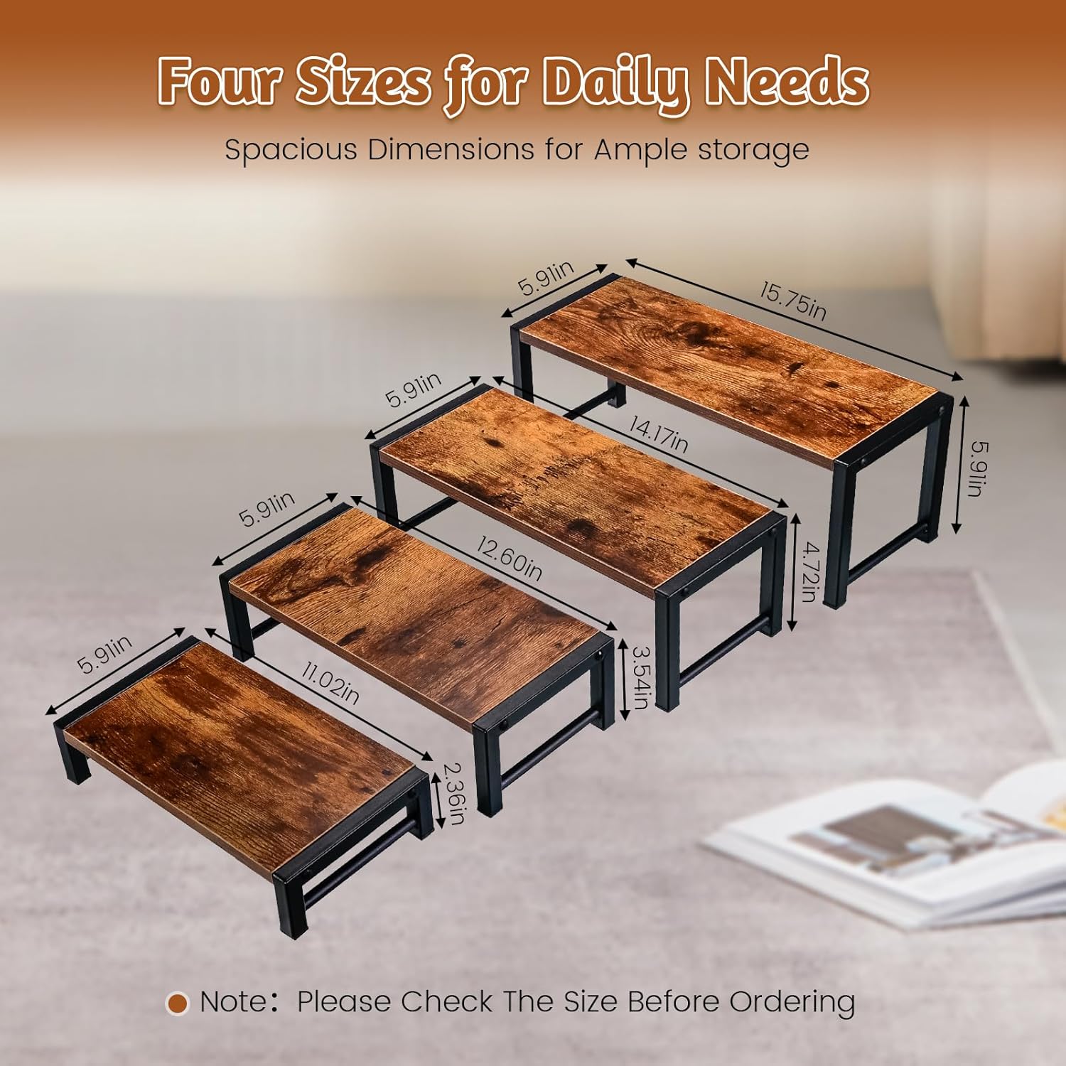 4 Pcs Wood Risers Display Stand, 4 Tier Cupcake Holder with Metal Frame Wooden Risers for Table Display, Perfume Collectibles Organizer Shelf, Tiered Riser for Vendors, Buffet Risers for Food Desserts Party Decor - Image 3