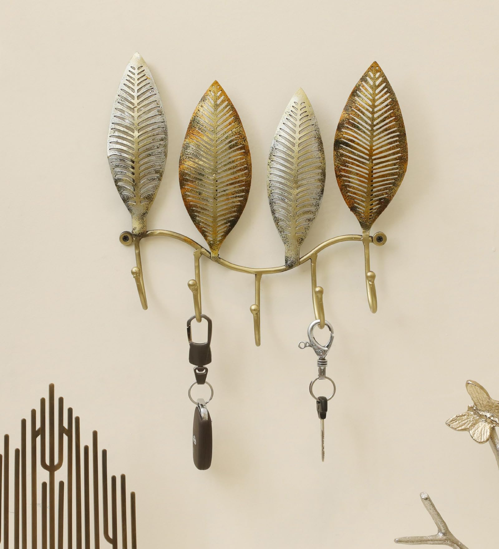 Four Ginko Leaf Metal Wall Hooks for Keys | 5-Hook Holder for Kitchen Utensils | Wall Mounted Key Hanger | Bathroom Towel Hooks | Hat Rack - Multicolor