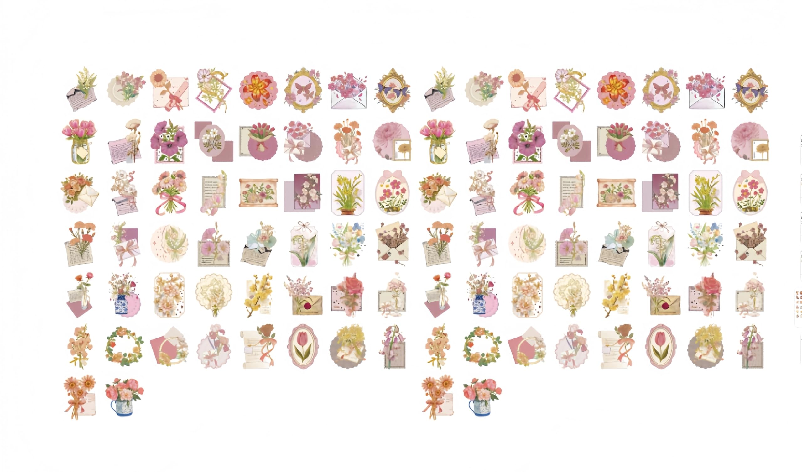 100pcs Die Cut Floral Stickers,QIANSSE Transparent Gold Foil Scrapbook Supplies for Card Making Journaling Vintage Paper Crafts