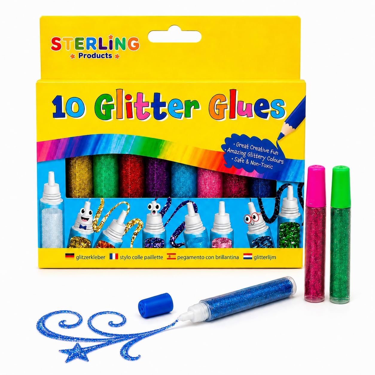 STERLING Products 10 Glitter Glue Bottles, Assorted Glitter Colours, Fine Tip Squeeze Applicators for Arts & Crafts, Card Making, Decorating & Creative Projects