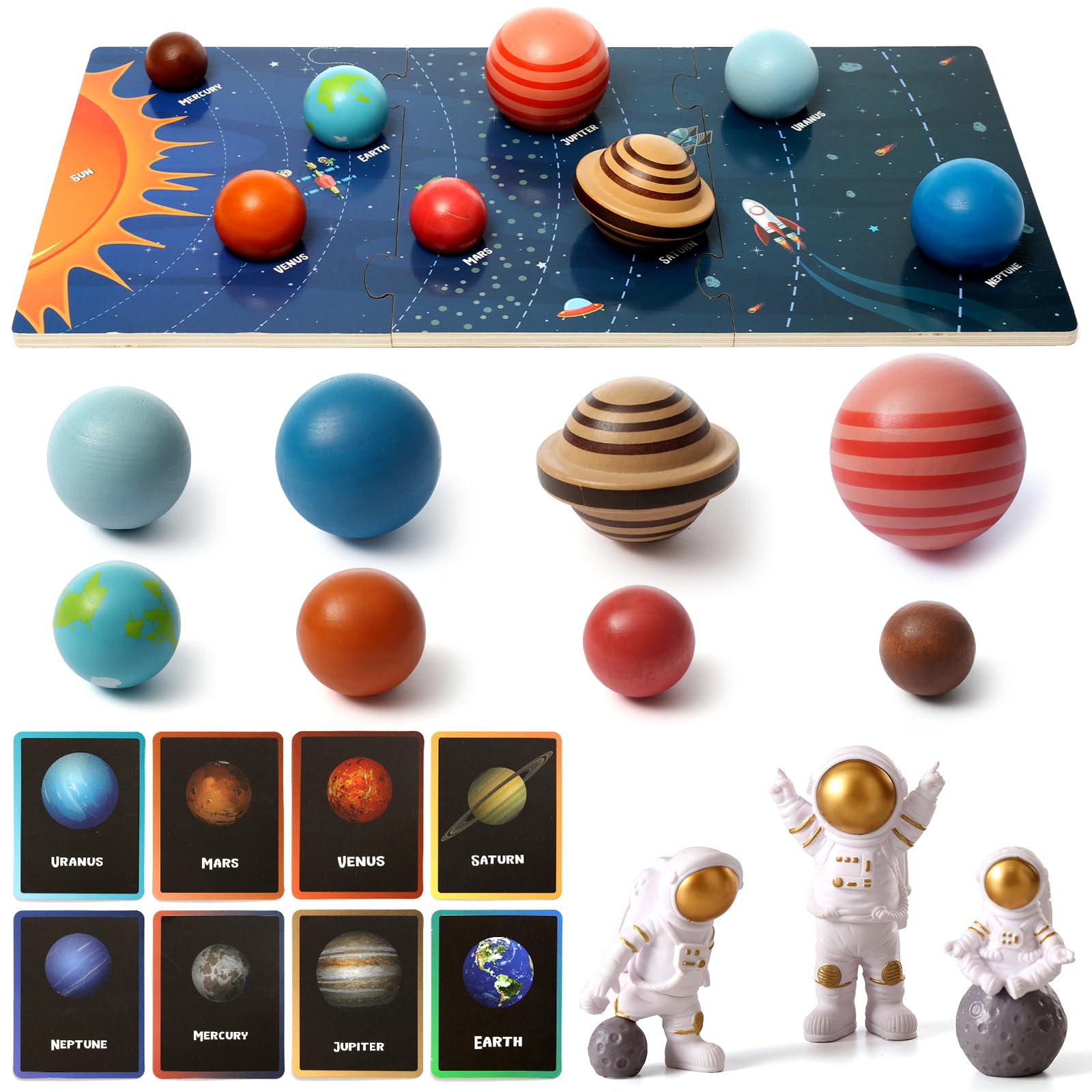 Wooden Solar System Model Board,Kids Solar System with Astronauts ,Montessori Planet Toys,Educational Planets Balls,Preschool Learning Puzzle,Space Knowledge Flash Cards Learning Toys for Kids