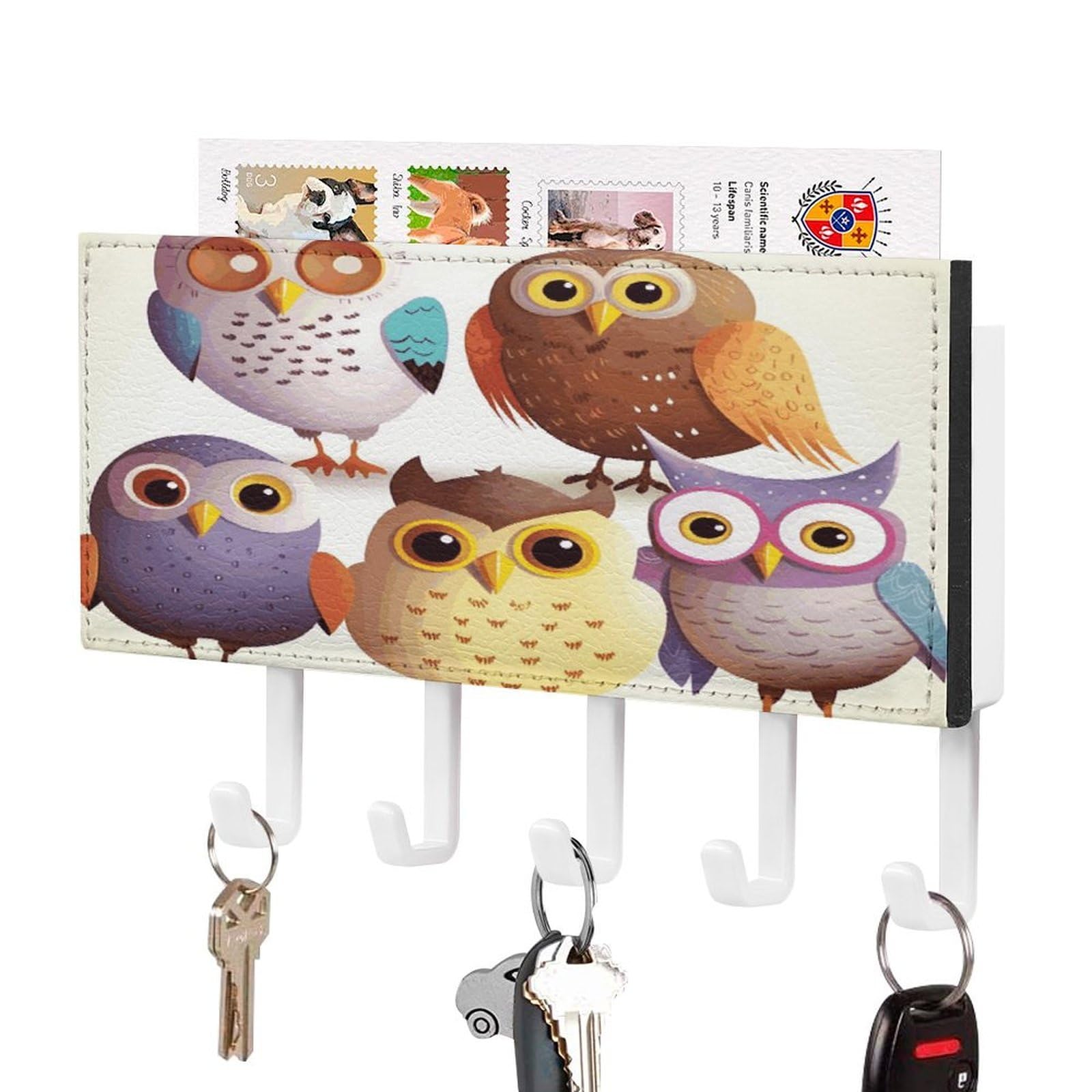 FekiLoot Owls Birds Key Holder for Wall Decorative Mail Organizer with 5 Key Hook Self Adhesive Key Rack with Tray Coat Rack Wall Mount Key Hanger Decor for Entryway Door