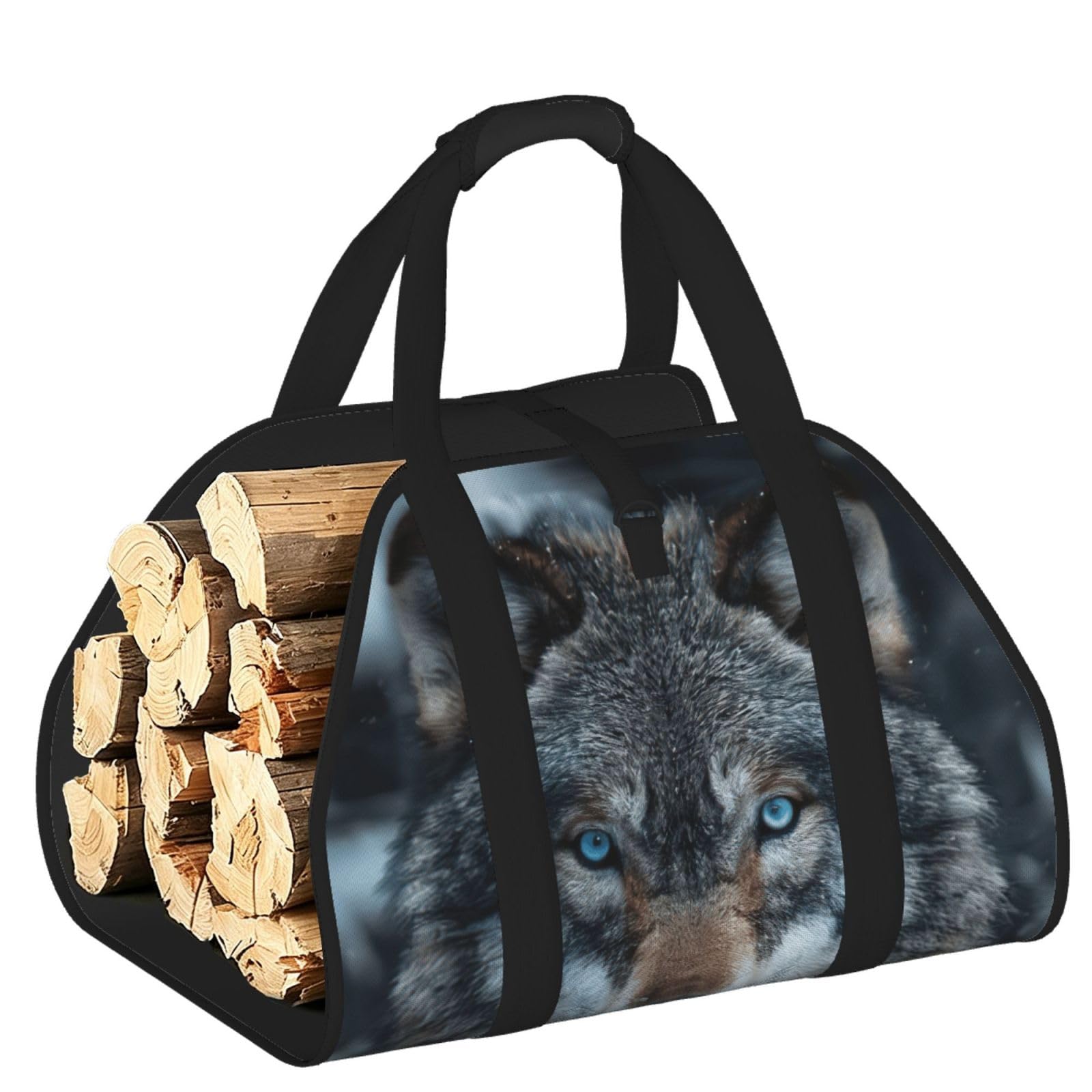 Blue Eyes Wolf Printed Firewood Carrier Bag, Log Tote with Open-Ended Design for Camping Outdoor Wood Hauling