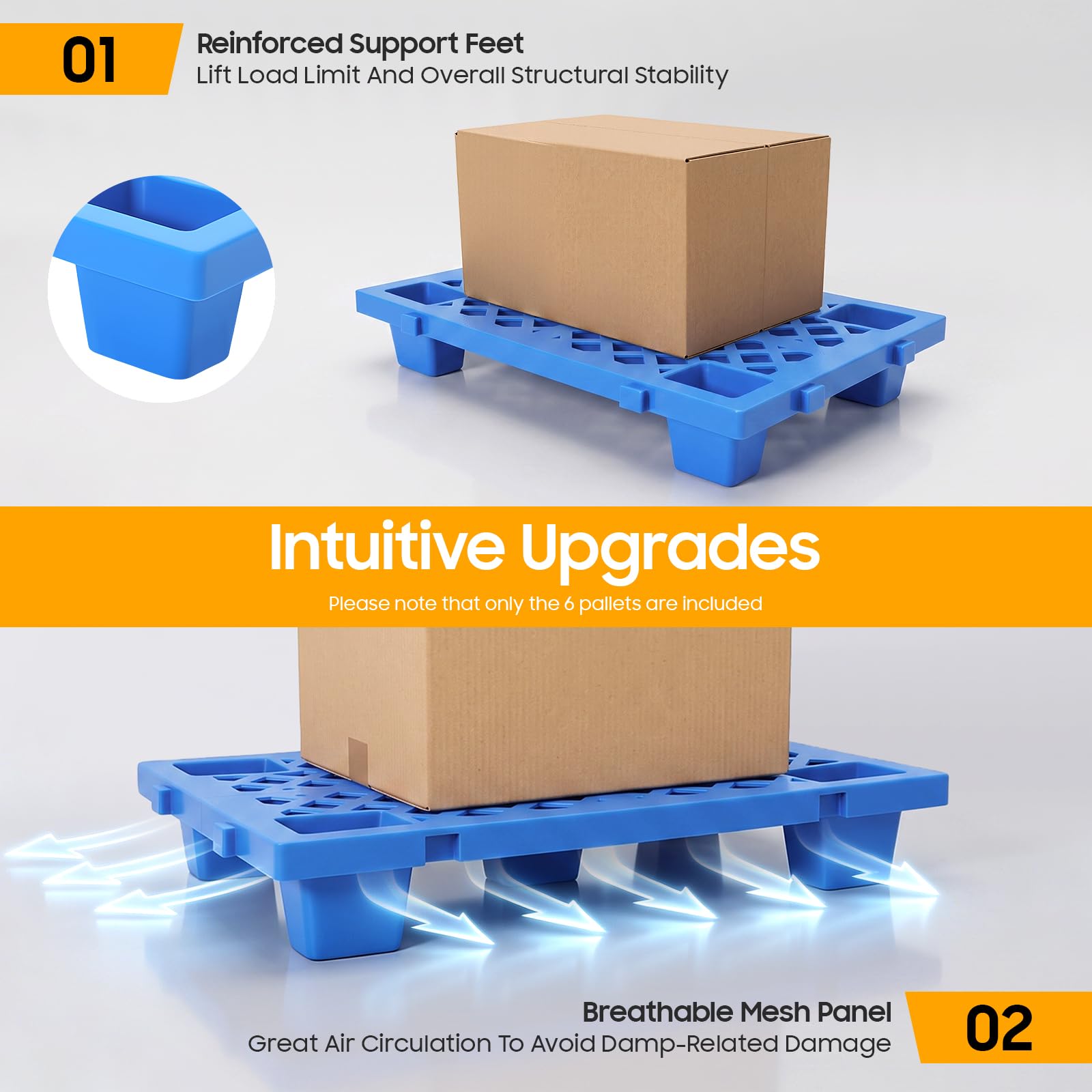 Lot de 6 palettes en plastique empilables 60 x 40 x 10 cm - Palettes légères avec fond cannelé et raccord à clipser pour entrepôt, logistique, extérieur, cuisine, buanderie, jusqu'à 100 kg (bleu)