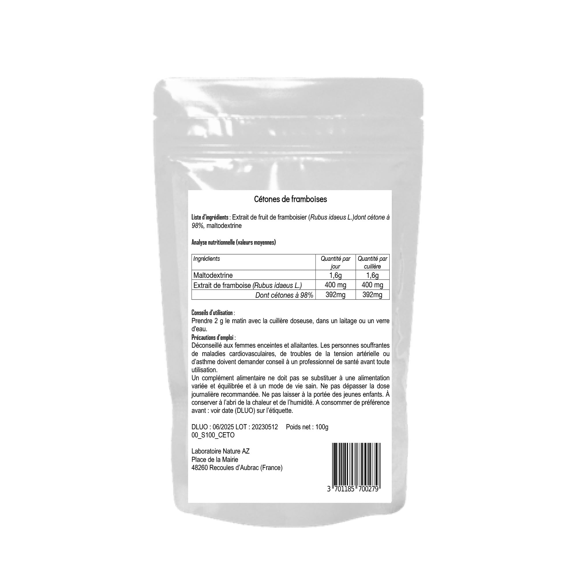 Cétones de framboises en poudre | sachet 100g | Booster du métabolisme | Fabriqué en Occitanie