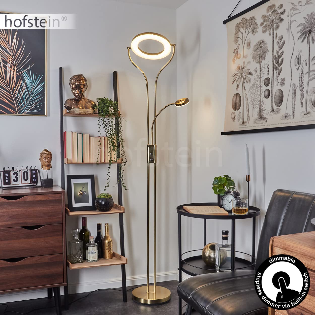 Lampa stojąca LED Donna, ściemniana lampa stojąca z metalu w mosiądzu, z regulowanym ramieniem do czytania, 2070 lumenów, barwa światła 3000 K (ciepła biel), lampa sufitowa do salonu, korytarza, jadal