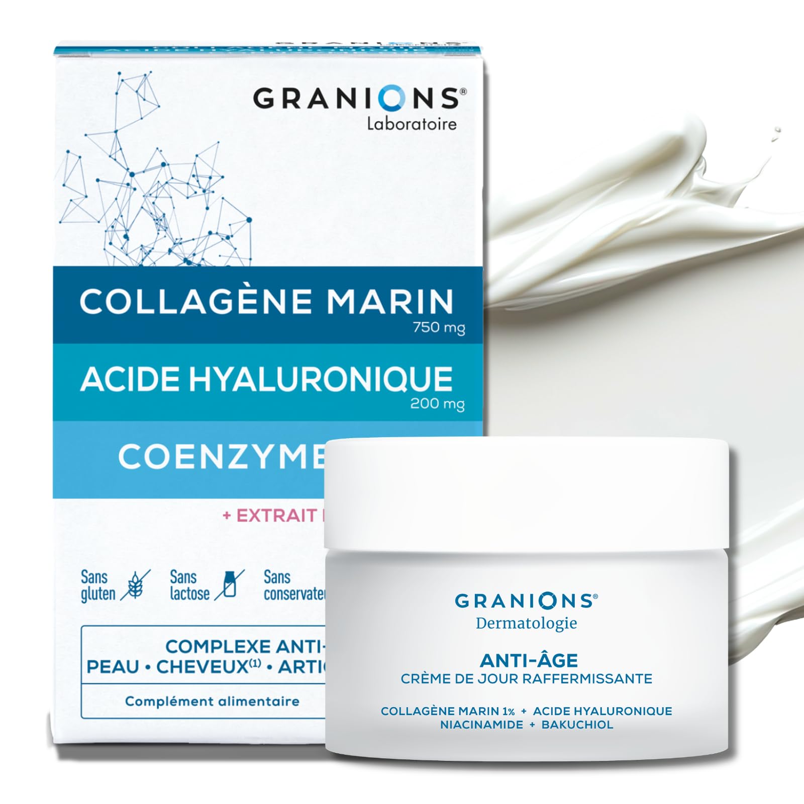Morning Routine - GRANIONS - Collagene et Acide Hyaluronique + Coenzyme Q10 Comprimés - Creme de Jour 50 mL - Collagene Marin - Collagene et Acide Hyaluronique - Cheveux, Peau, Articulation, Ongles