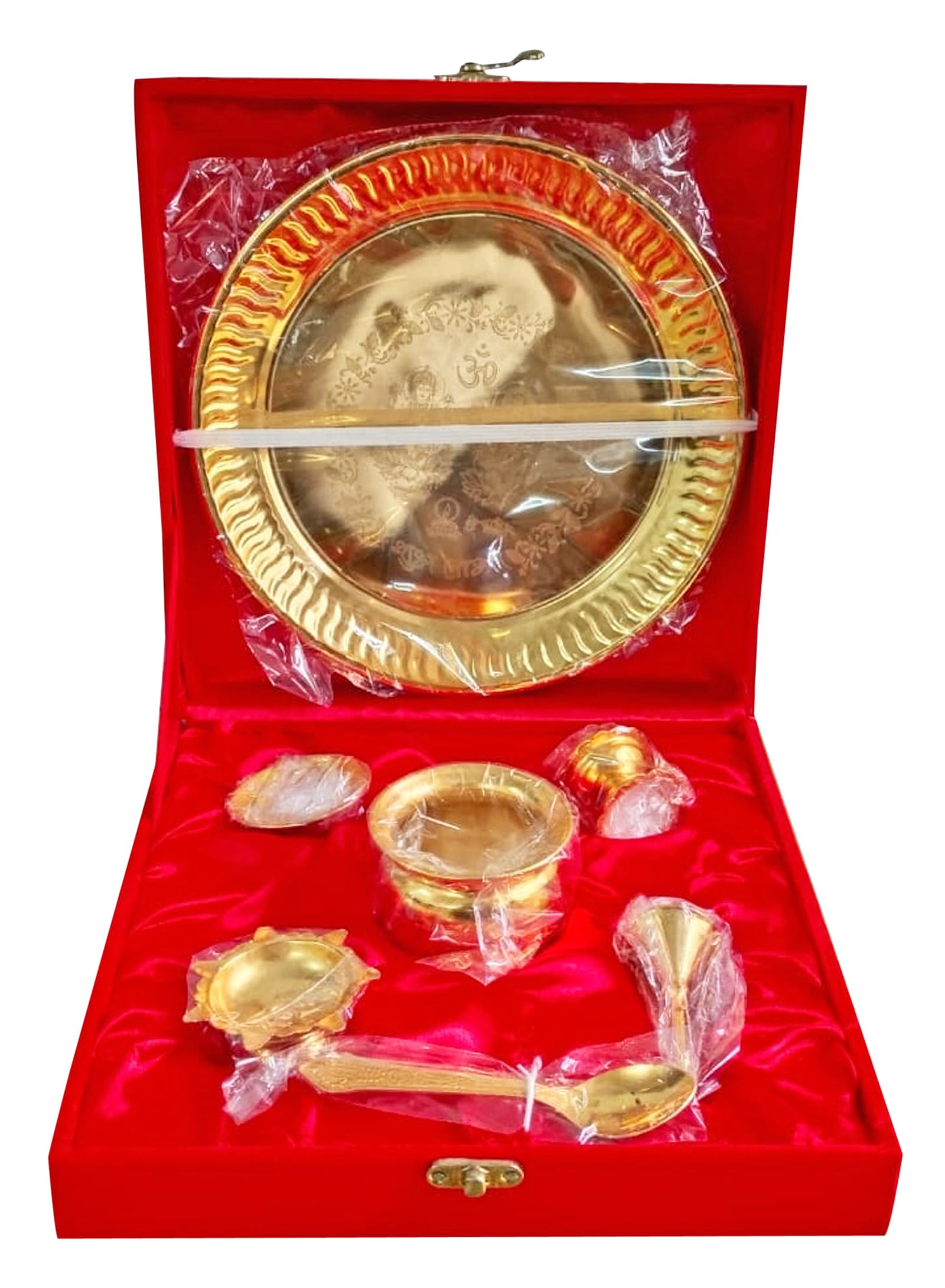 Pooja Thali Set 7 Piezas con Caja De Terciopelo Rojo Juego De Thali Tradicional Hecho A Mano para Pooja Arti Regalo Ocasional Indio Puja Thali 8.5 Pulgadas