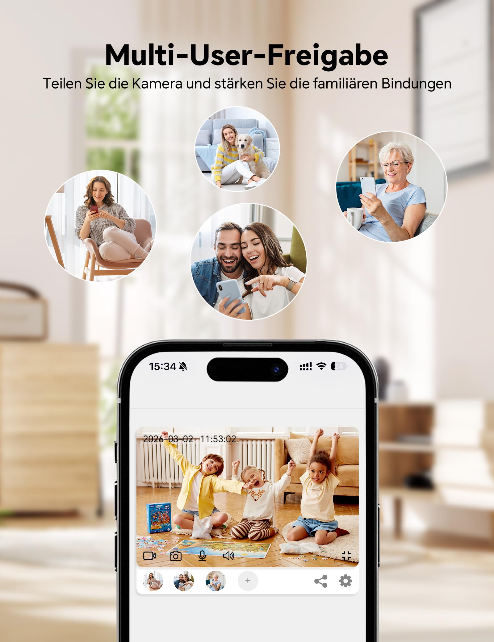WOLFANG Überwachungskamera Innen 2K, WLAN Kamera Innen mit 360° PTZ, Auto-Tracking & Nachtsicht, Hundekamera mit 2-Wege-Audio, Kompatibel mit Alexa & Google Home