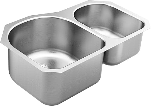 Moen GS18264B Serie 1800 Fregadero de cocina de acero inoxidable de 31.25 pulgadas, calibre 18, doble tazón, drenaje trasero