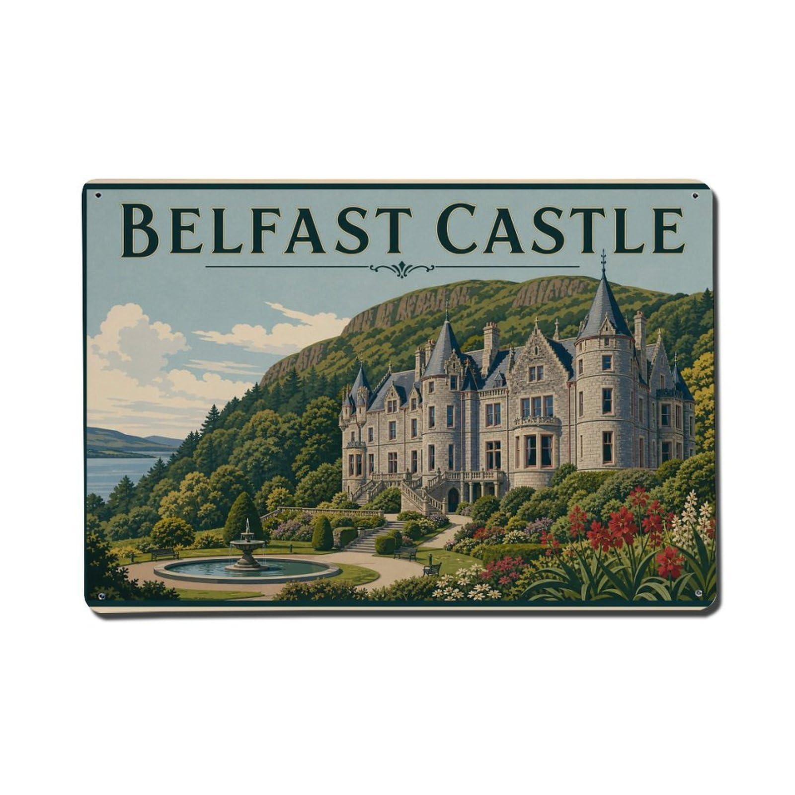 Fyrn Style Metal Tin Sign Vintage Travel Belfast Castle Ireland Scottish Baronial