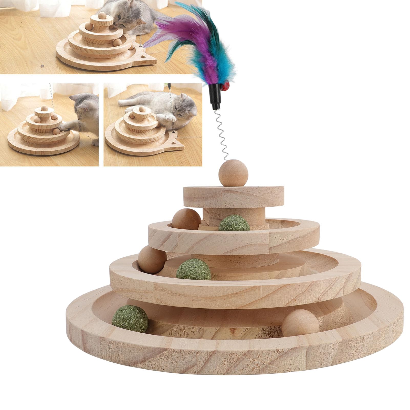 Asixxsix Rouleau de Jeu pour Chat à 4 Niveaux avec balles rotatives en Bois Massif. Jouet interactif pour Chatons avec Balle tournante.