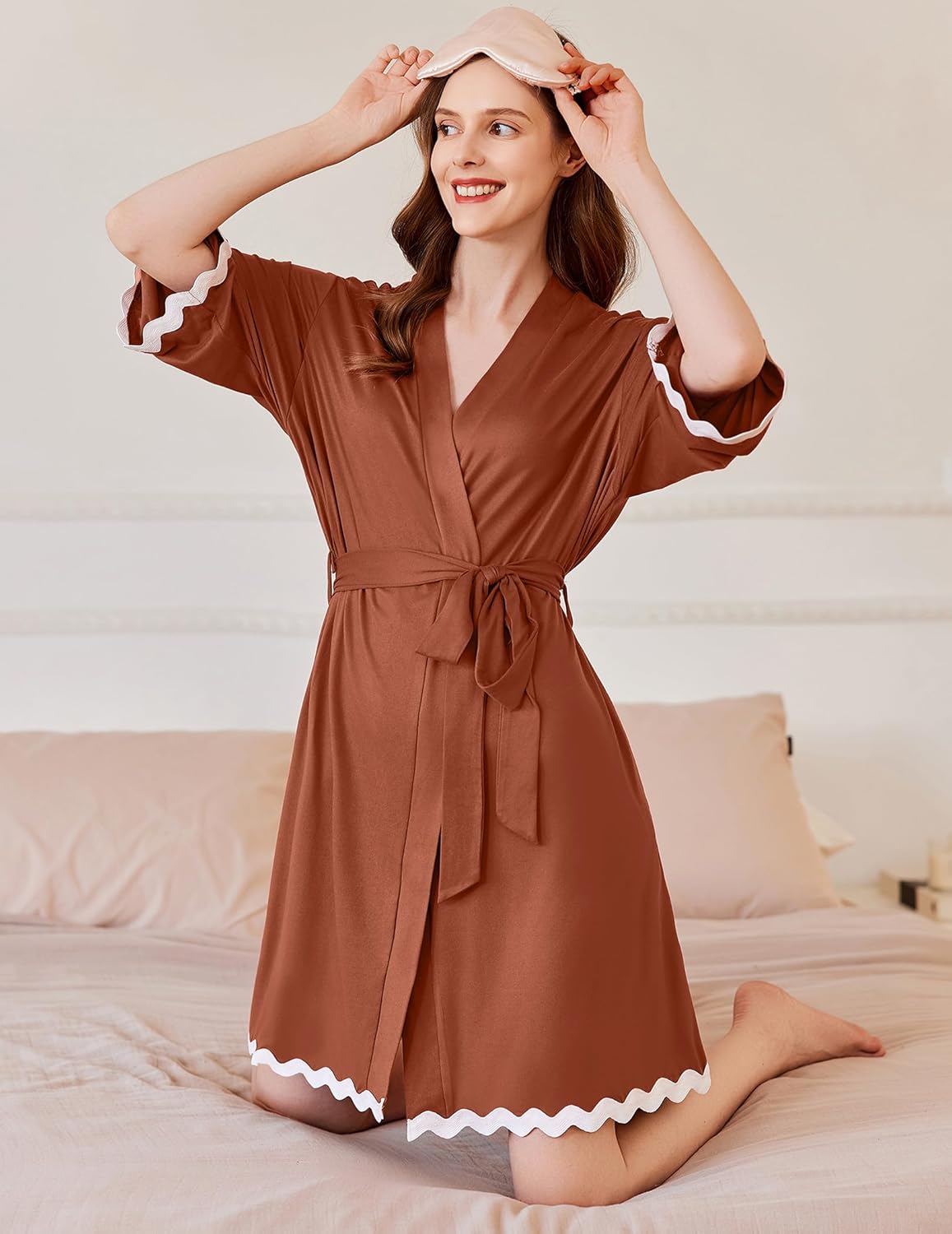 Ekouaer Women Kimono Robe 3/4 Sleeves Loungewear Dress Knee Length Sleepwear Pockets Housecoat Short Bathrobe S-XXL - Image 2