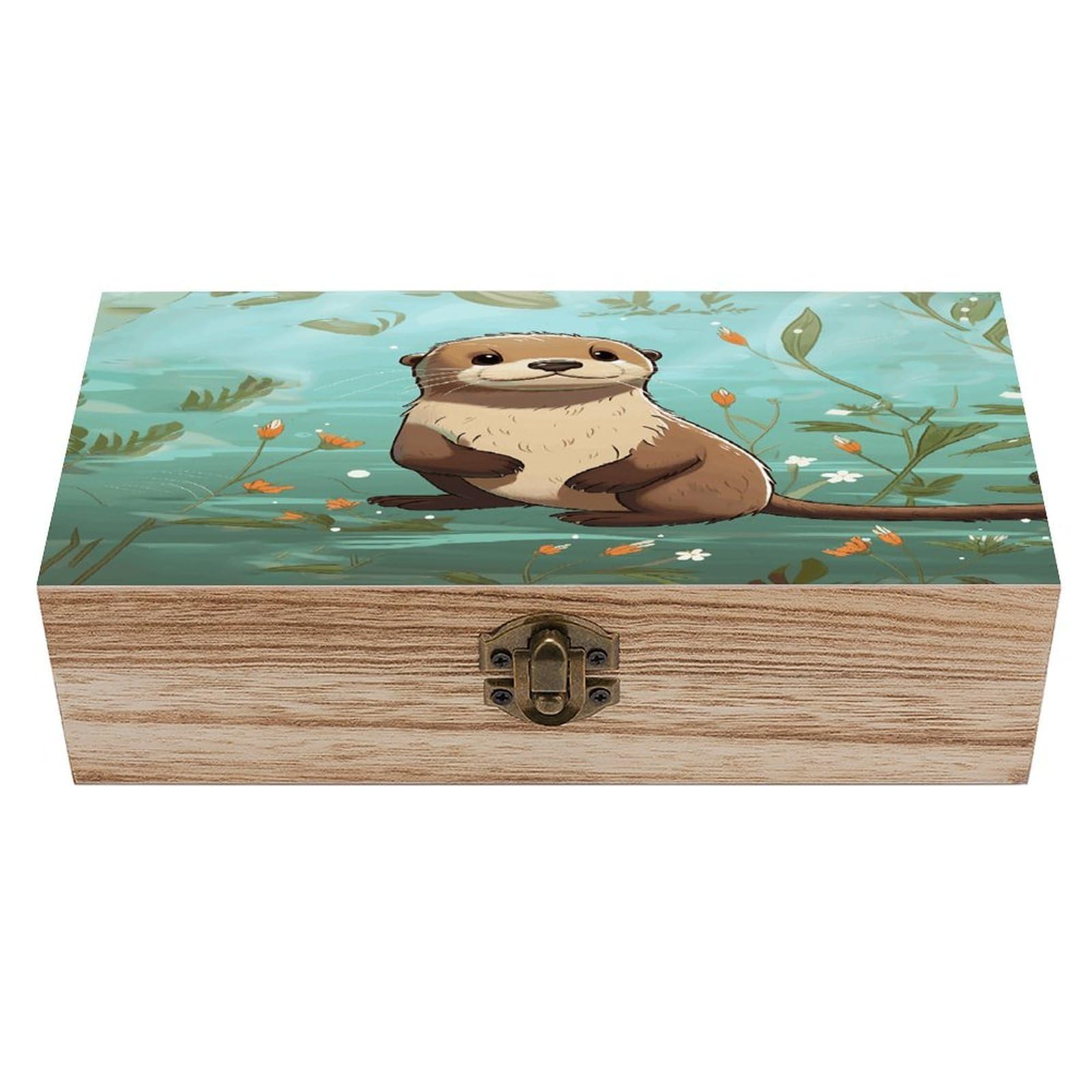JTREHY Cartoon Cute Otter Wooden Storage Box Exquisite Durable Wood Gift Case Sturdy Vintage Jewelry Wooden Chest for Art Hobbies Storage Keepsake Gift