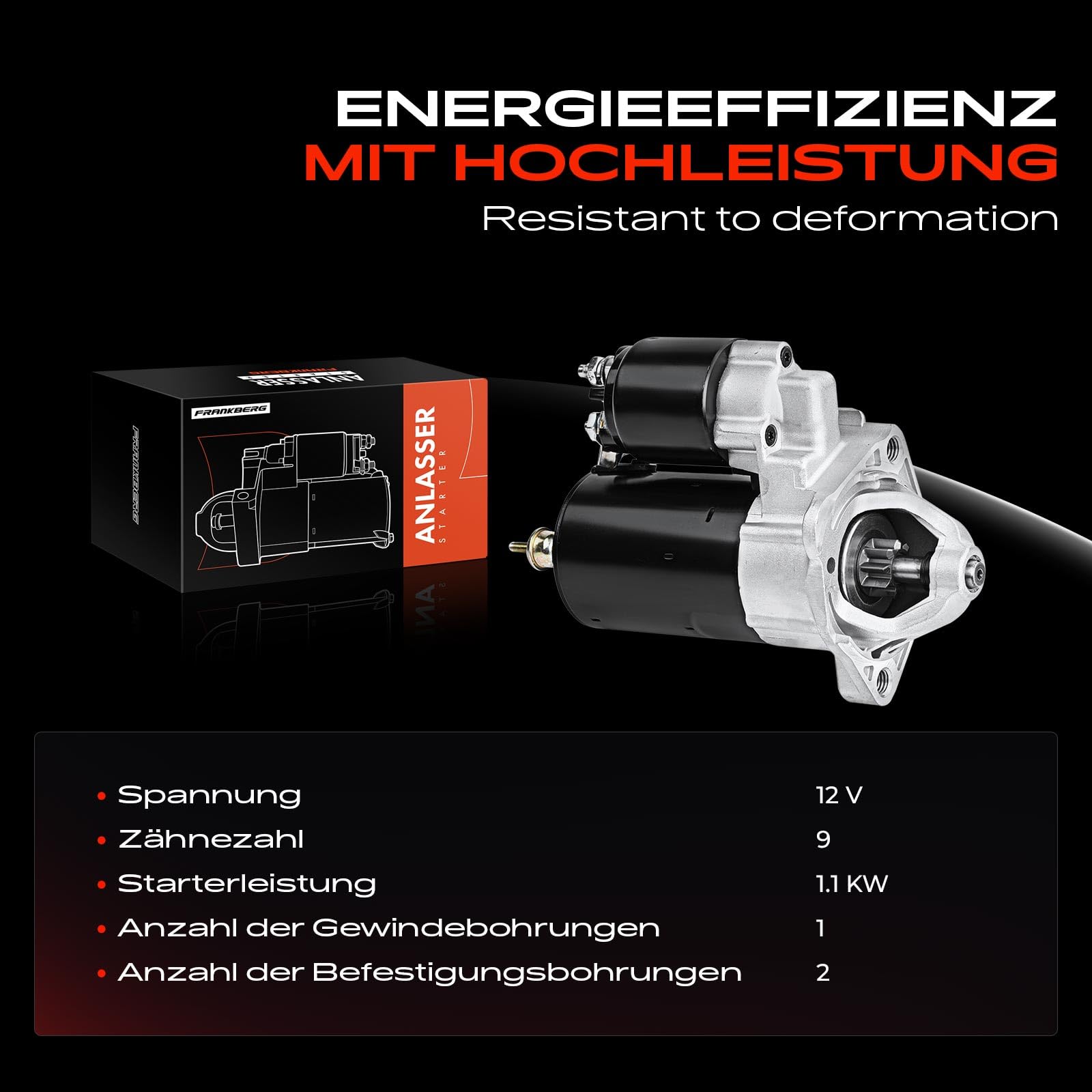 Frankberg Anlasser Starter Anlasser Auto Benzin 1,1 KW/12 V/9 Zähnez Kompatibel mit A4 8E2 8D2 A4 Avant 8E5 8D5 A6 Avant 4A5 P.a.s.s.a.t 3B2 3B3 Replace# 0001107013