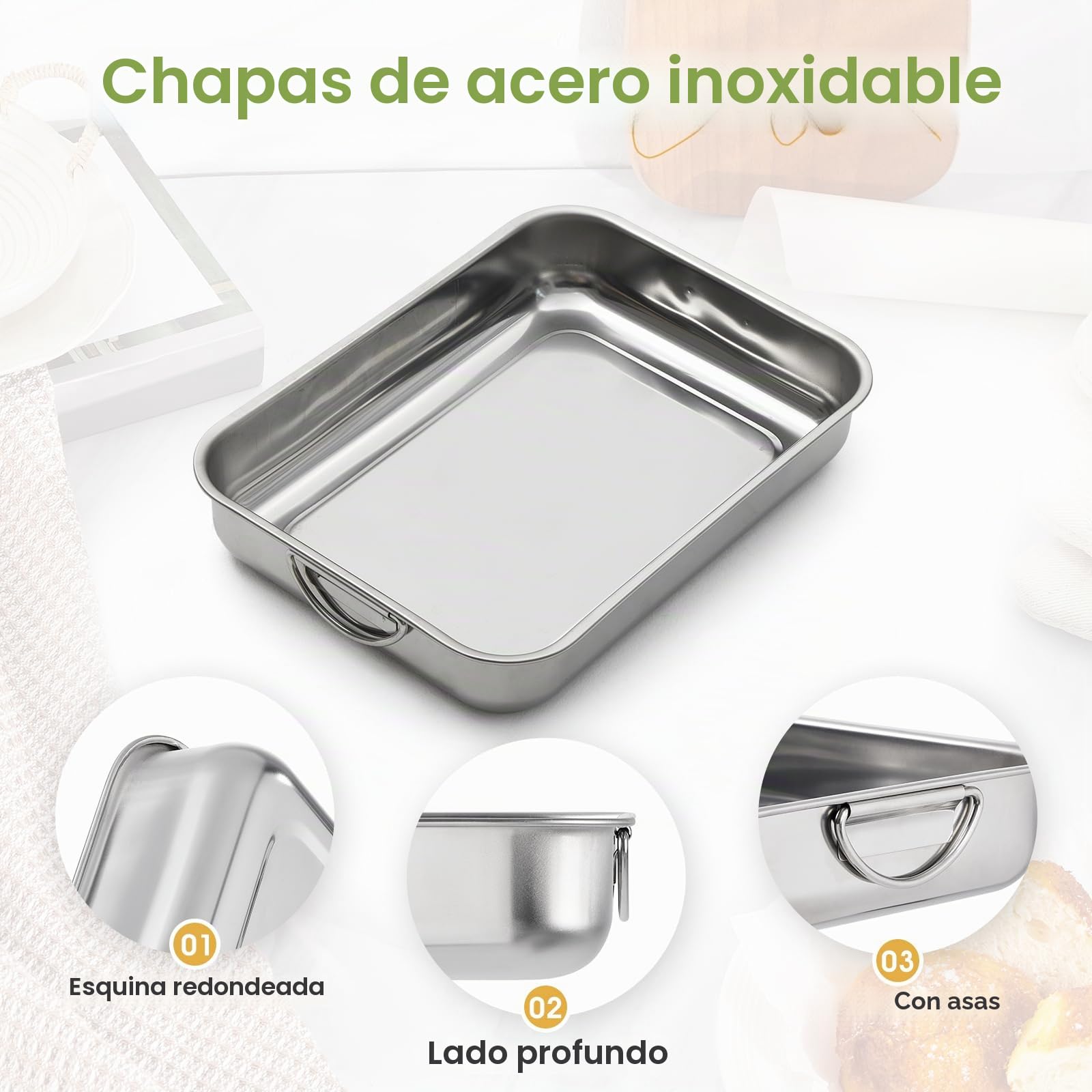Juego de 4 Bandeja para Hornear Juego de sartenes rectangulares de acero inoxidable para horno con asas