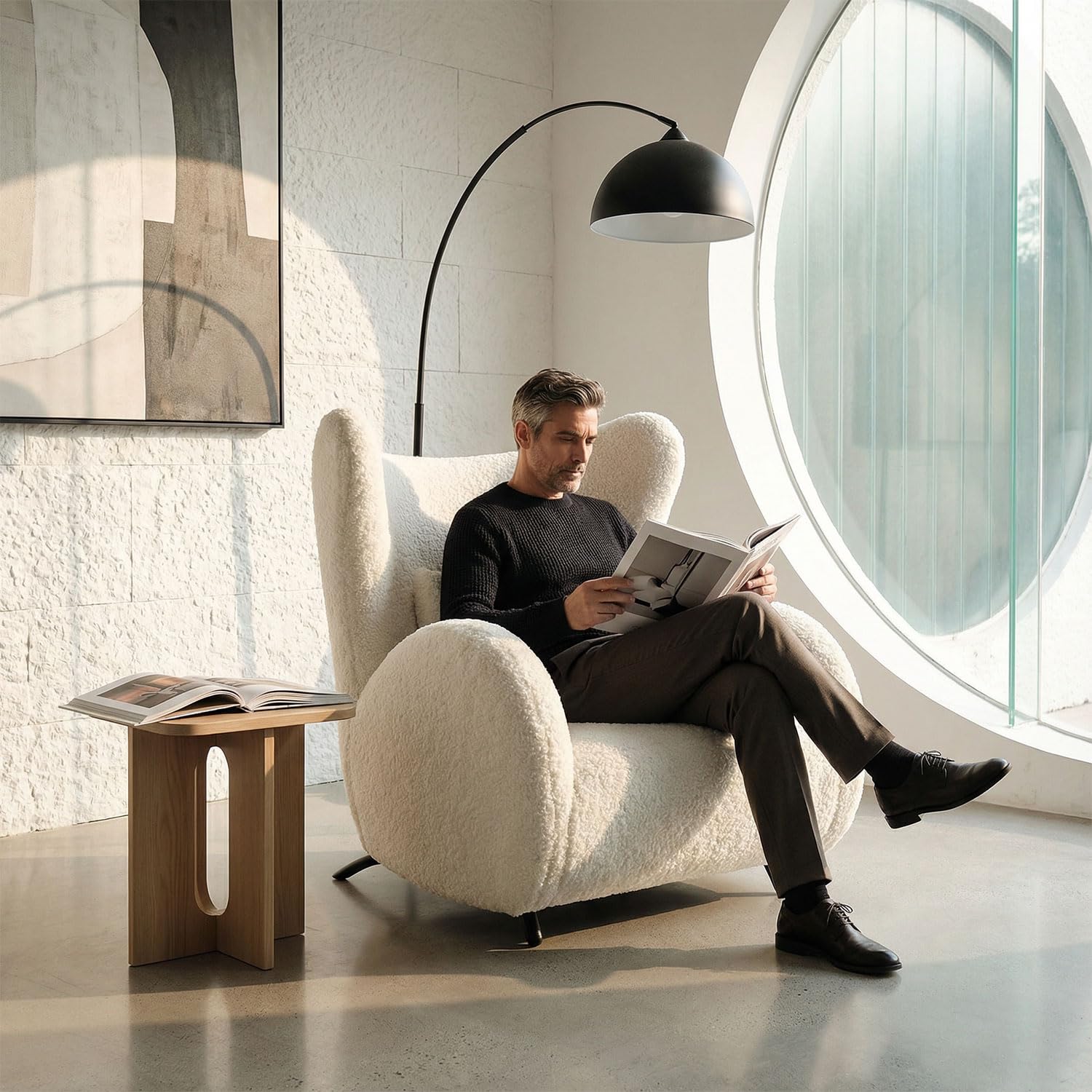 Alyncasa Modern Design Cream Boucle Accent Chair, Furry Sherpa Elegant Single Sofa, Oversized Chair Living Room Chairs Comfy Upholstered Armchair for