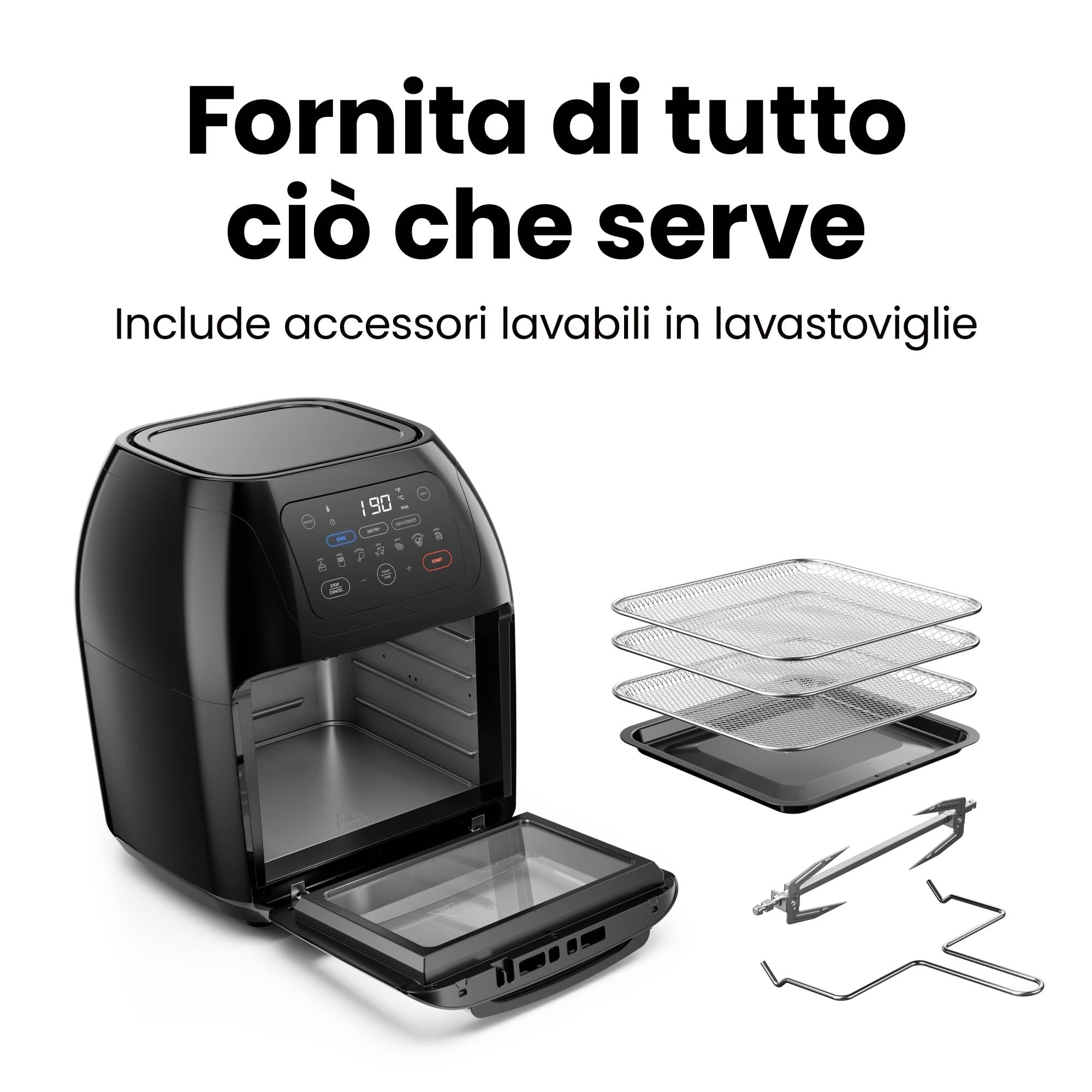 Chefman Friggitrice ad Aria 10L con Girarrosto, 17 Preselezioni Touch | Multifunzione, Disidratatore, Convezione, Friggere, Arrostire, Spegnimento Automatico, Formato XL, Nero