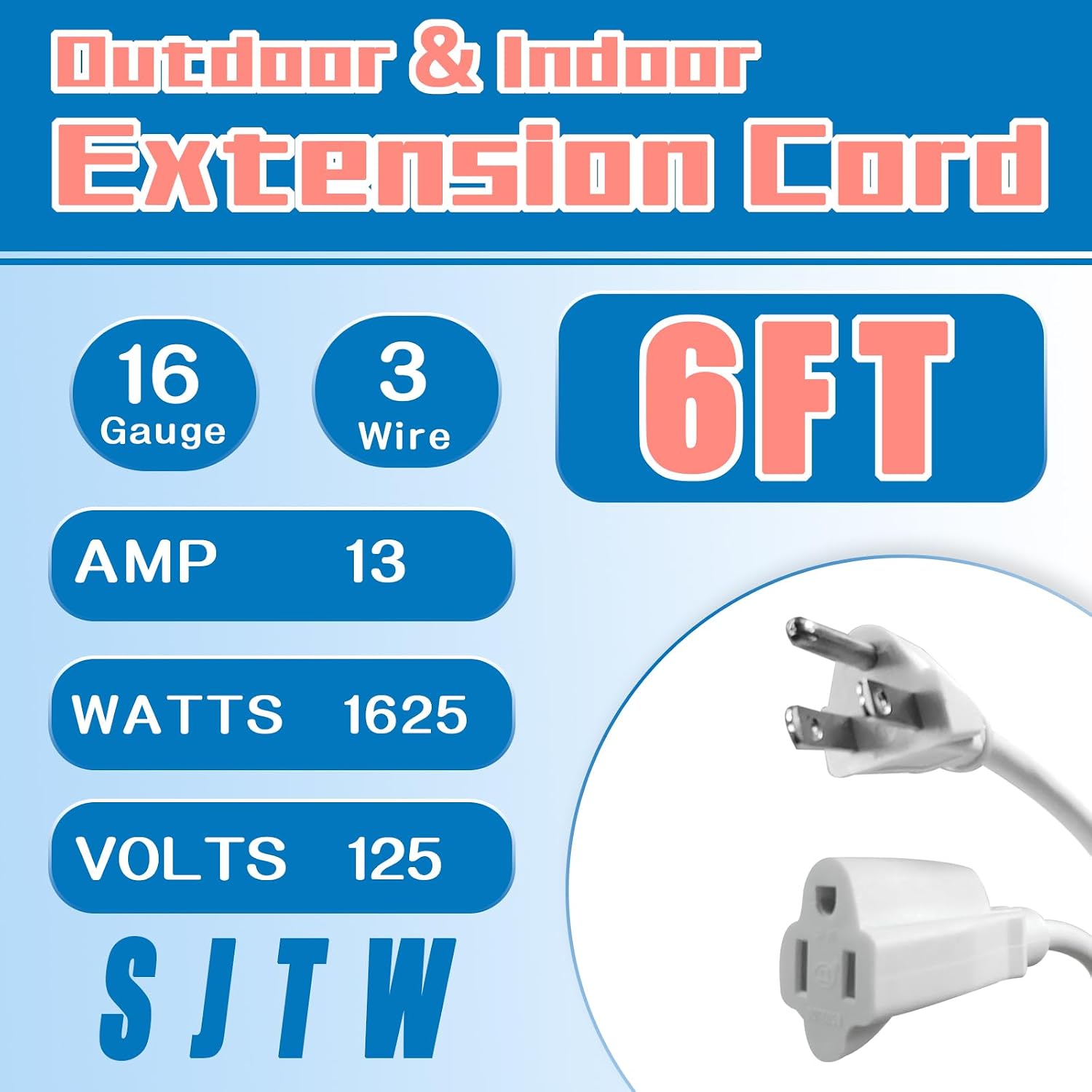 Indoor Outdoor Extension Cord 6 FT, 16/3 SJTW Weatherproof Grey Electrical Cords, 13 AMP Heavy Duty 3 Prong Power Cable Great for Garden, Landscaping & Holiday Decorations, 2 Pack