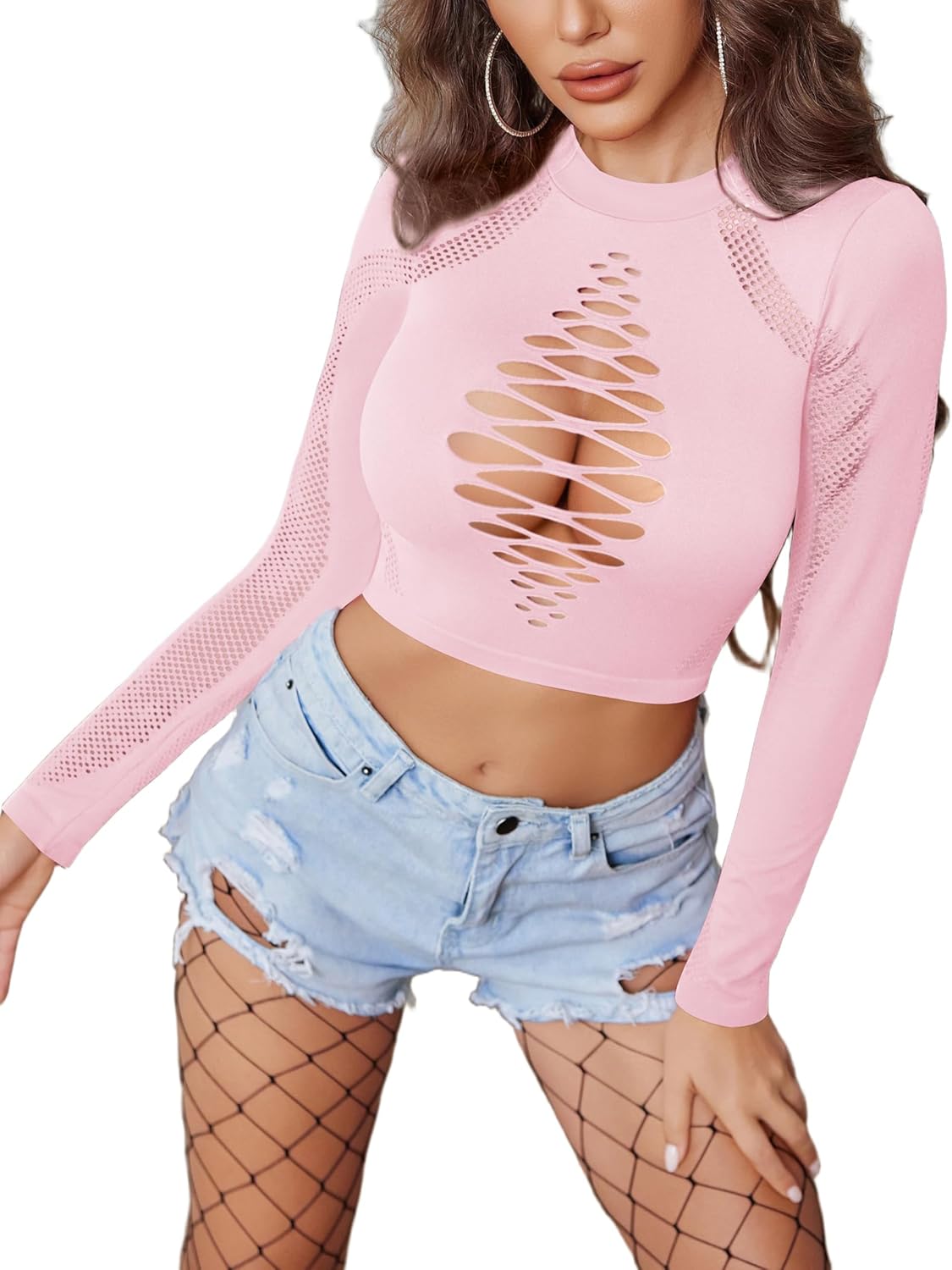 Avidlove Women's Long Sleeve Fishnet Top Sexy Cut Out Crop Short Hollow Out Top