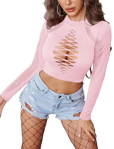 Avidlove Women's Long Sleeve Fishnet Top Sexy Cut Out Crop