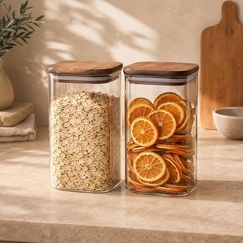 1350 ml Borosilikat Cam Kavanoz 2’li Set, Akasya Kapaklı Şeffaf Cam Saklama Kabı, Mutfak Düzenleyici Kuru Gıda Kavanozu, Bakliyat Kahve Makarna Kuruyemiş Atıştırmalık Saklama Seti