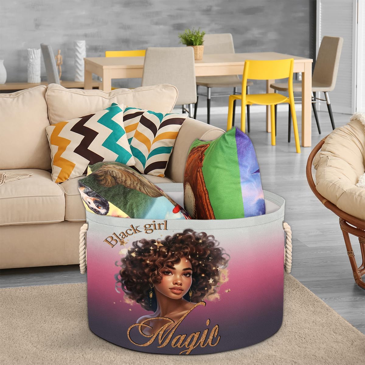 Large Round Laundry Basket Black Girls Toy Bins Organizers and Storage for Girls Canvas Collapsible Blanket Storage Basket Laundry Hamper Gift Baskets Bedroom Clothes Children Nursery