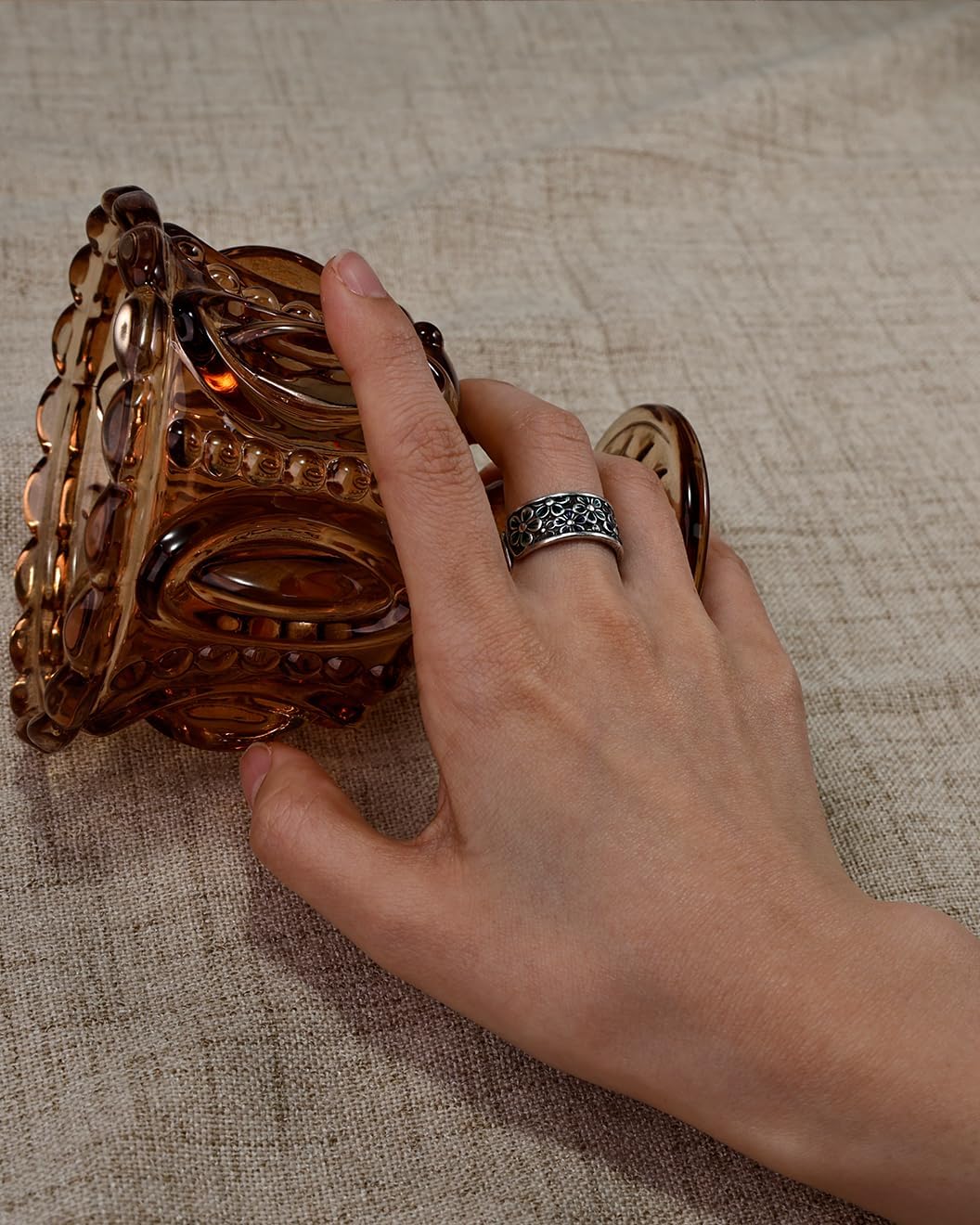 Silver Flower Band Ring for Women - Vintage Adjustable Open Ring with Colorful Floral Design, Bohemian Jewelry for Gift - Image 3