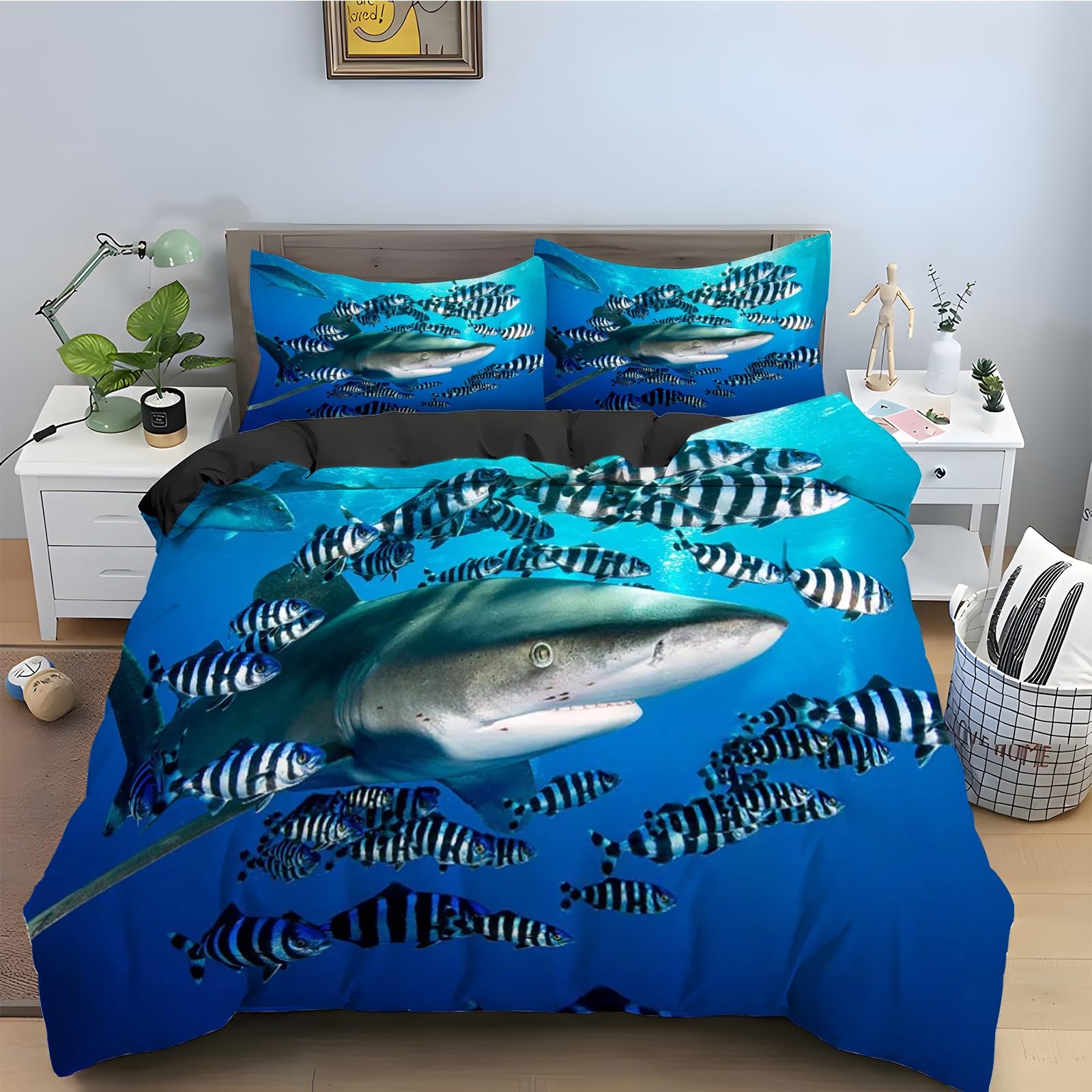 Parure de lit requin 200x200 avec housse de couette zèbre en microfibre douce et fermeture éclair
