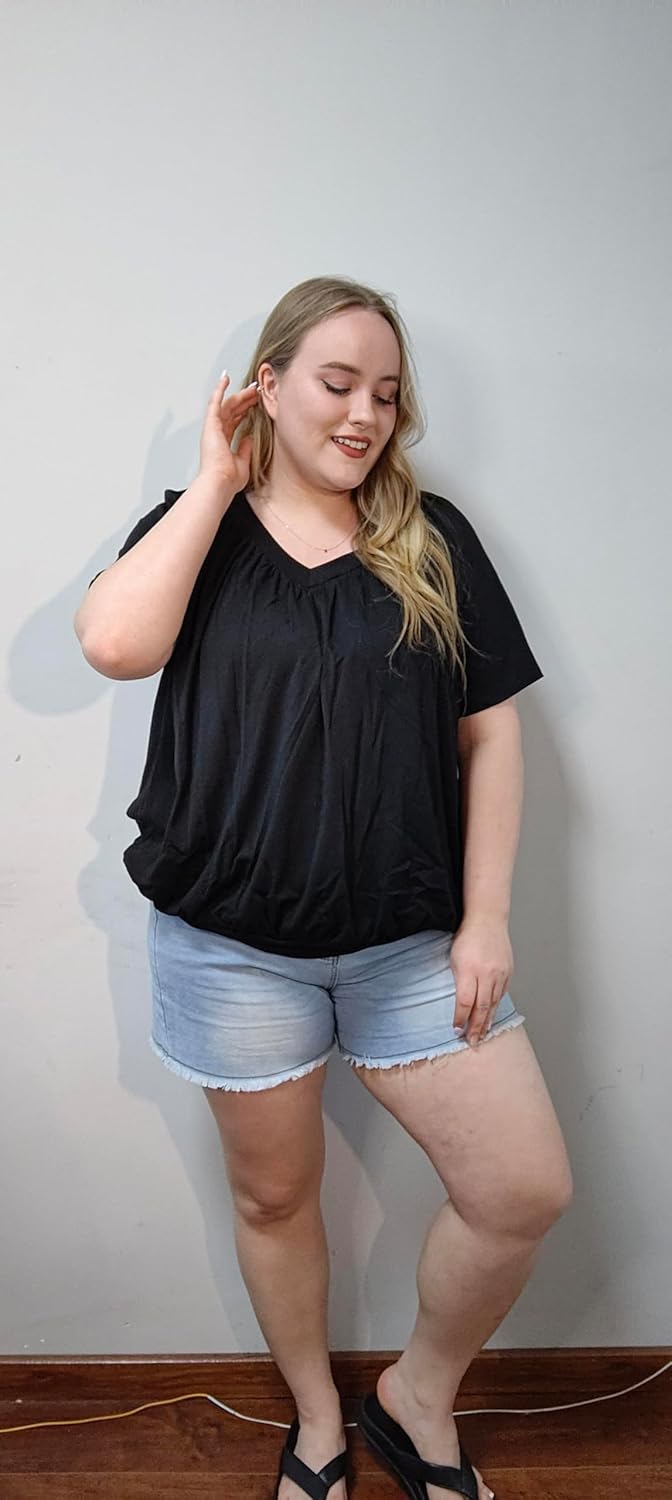 CARCOS Plus Size Tops for Women Short Sleeve Pleated Front Blouse V Neck Tunic Loose Fit Tshirts Summer XL-5XL - Image 2