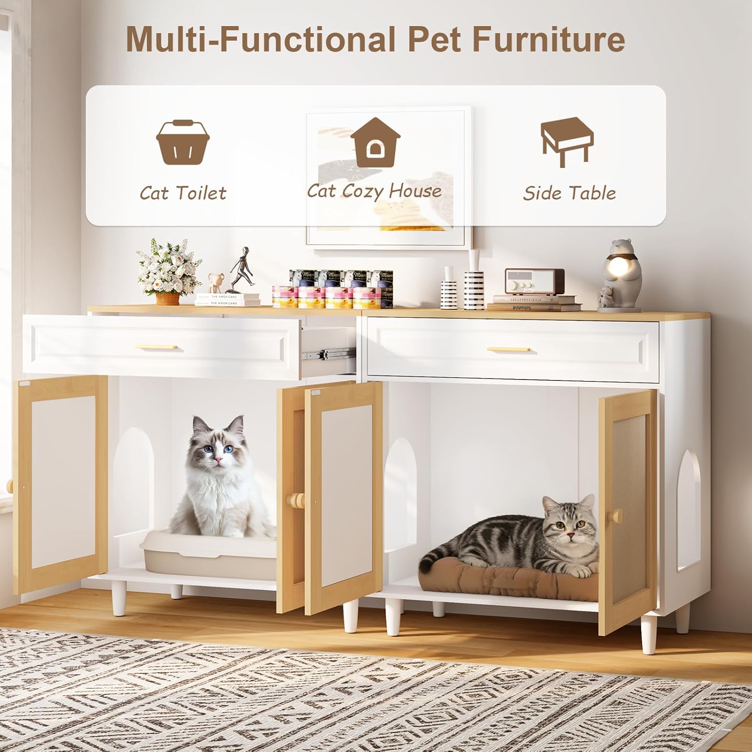 Cat Litter Box Enclosure, Hidden Litter Box Cabinet with Sisal Scratching Board Doors and Drawer, Dog Proof Enclosure, Cat House & Washroom Furniture, Wooden Pet House Side End Table