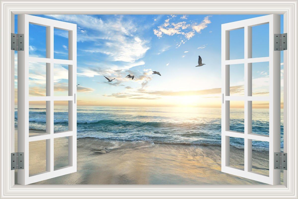 HLJ ART Removable 3D Windows Landscape Wall Mural Home Decor Prints Painting Artwork Packed in Rolled Canvas Only (Design-A, 36x24inch)