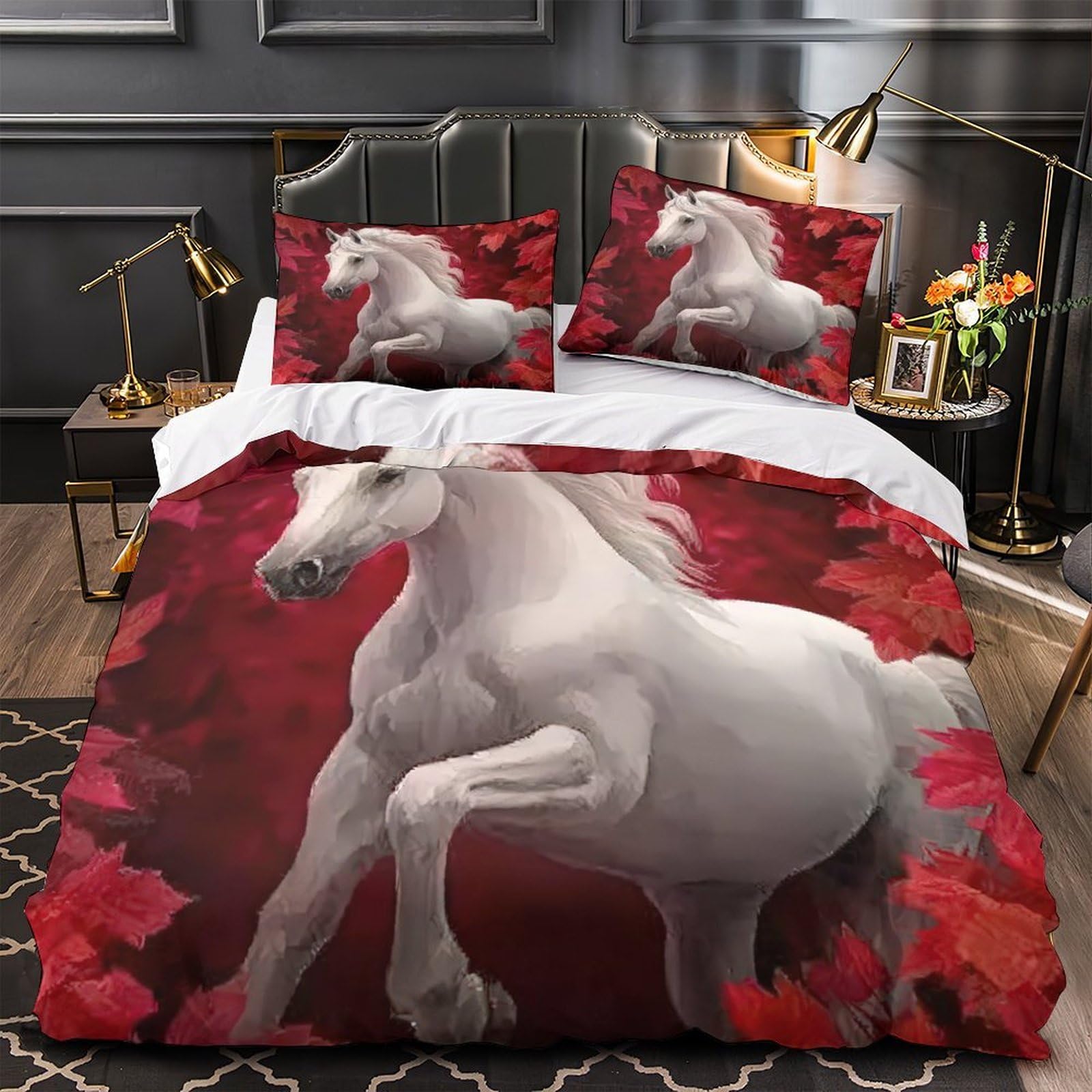 Housse de Couette 3 Pièces Motif Cheval Blanc Drap de Couette Lit Adulte Fantaisie 260x220