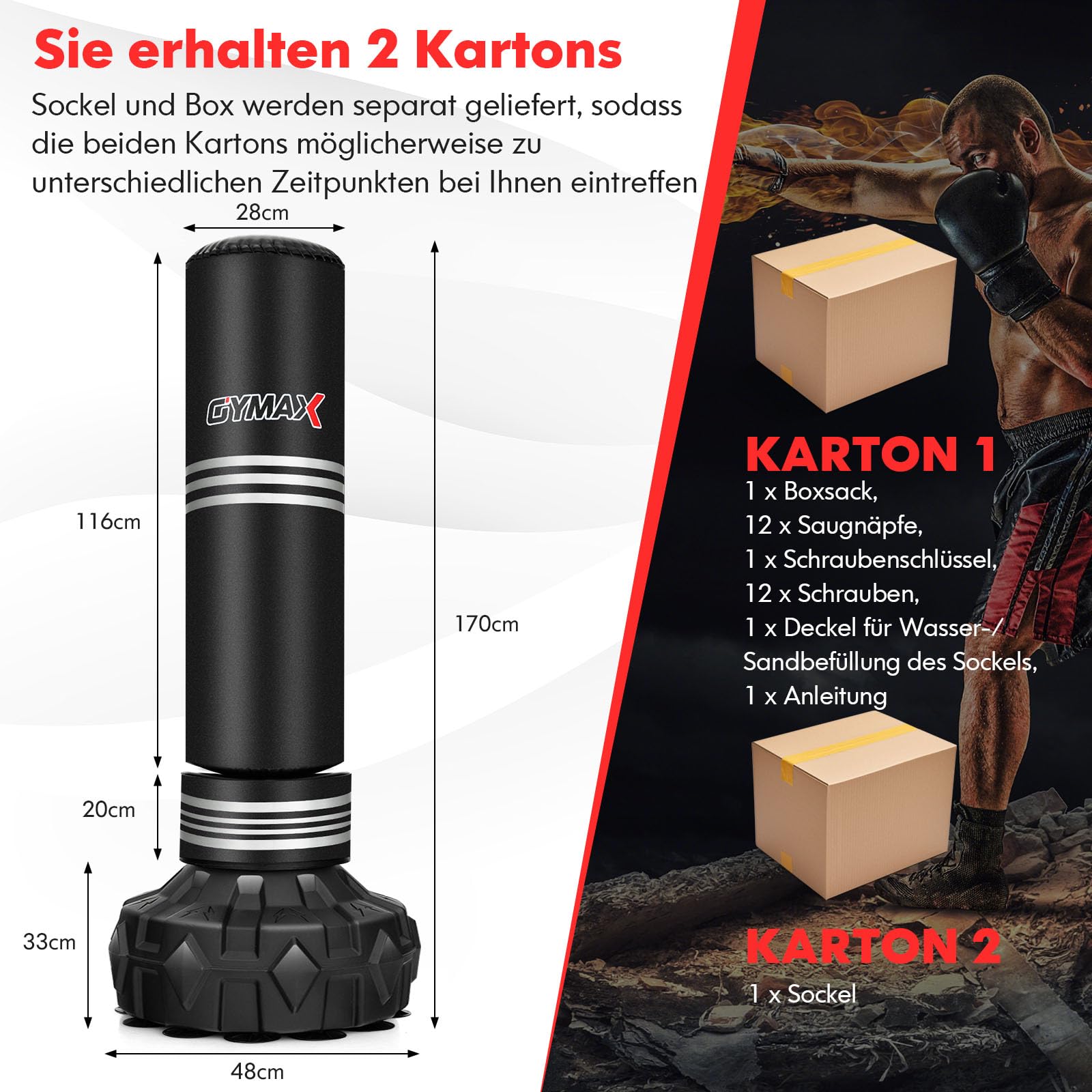 GYMAX Boxsack Stehend Erwachsene Jugendliche, 170 cm Freistehender Standboxsack mit auffüllbarer Saugnapf-Basis, Punching Bag für Muay Thai, MMA, Boxtraining