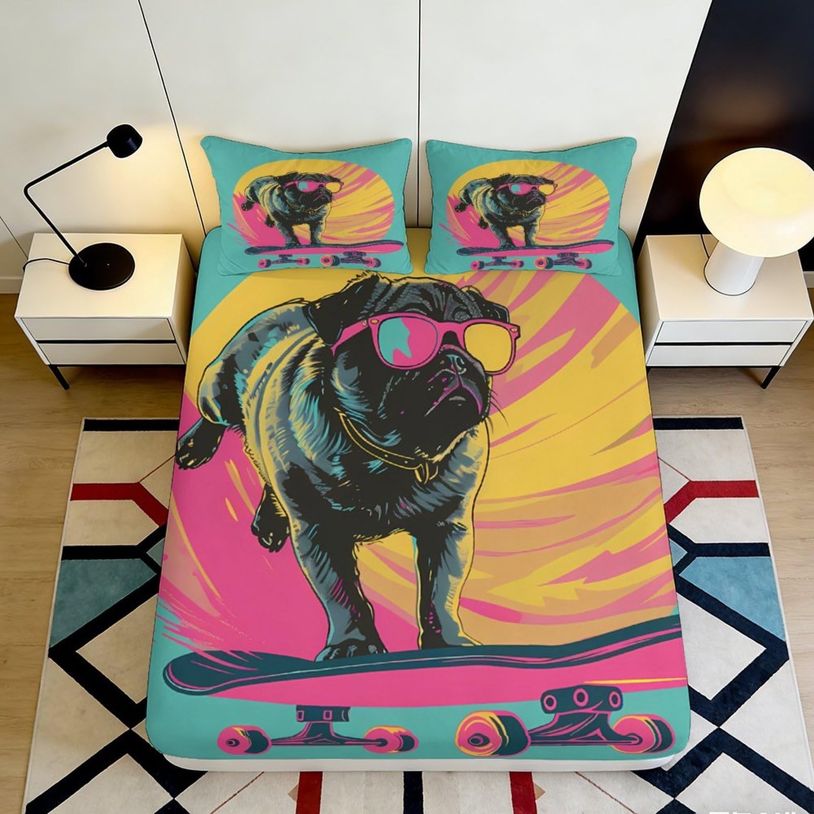 3D Printed Skateboarding Pug Fitted Sheet Microfiber Vibrant Bed Cover for Bedroom Guest Room Easy Care Decor 90x200x25cm