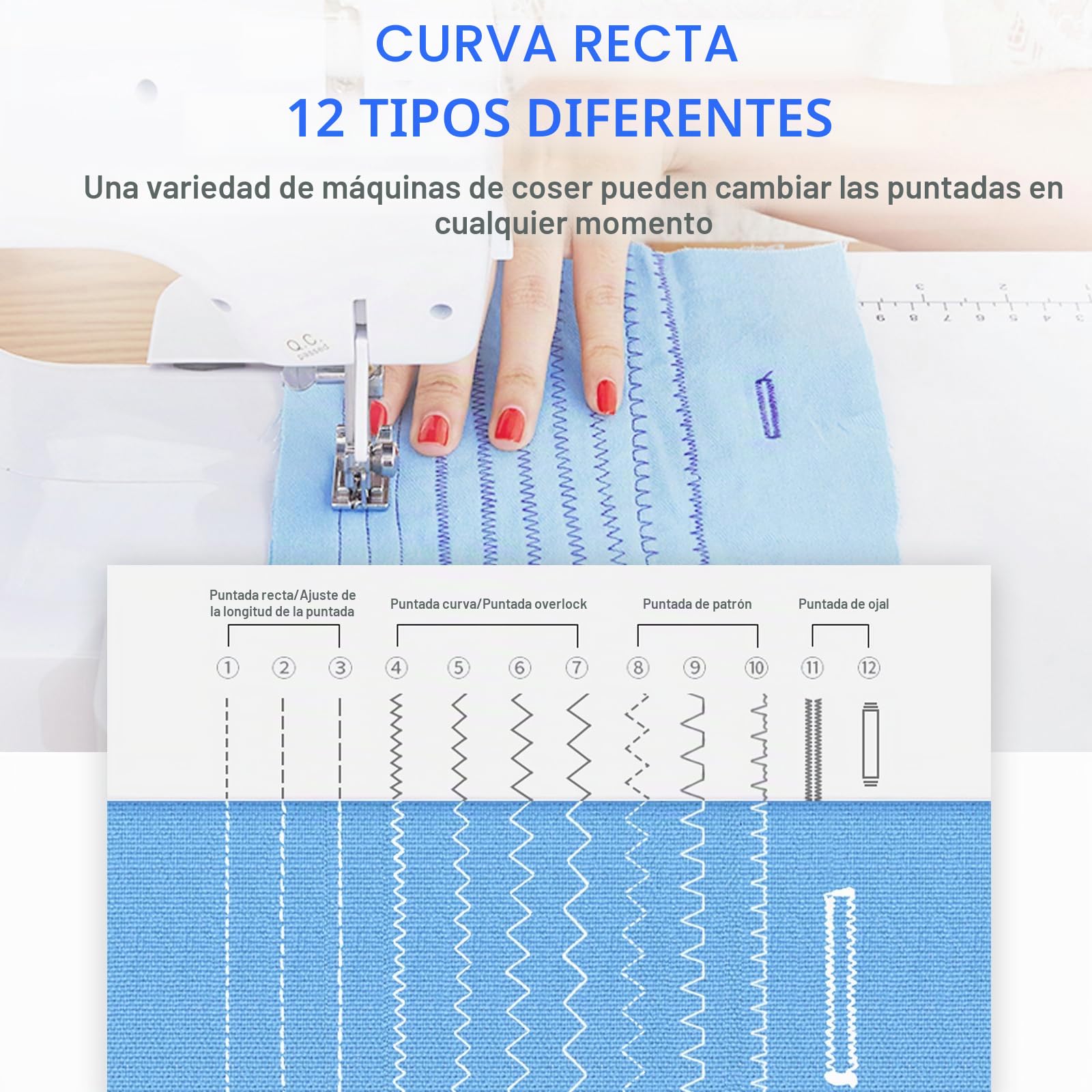 Máquina de coser para principiantes 608A - Mini máquina de coser doméstica con 12 programas de puntadas, pedal y luz LED para adultos