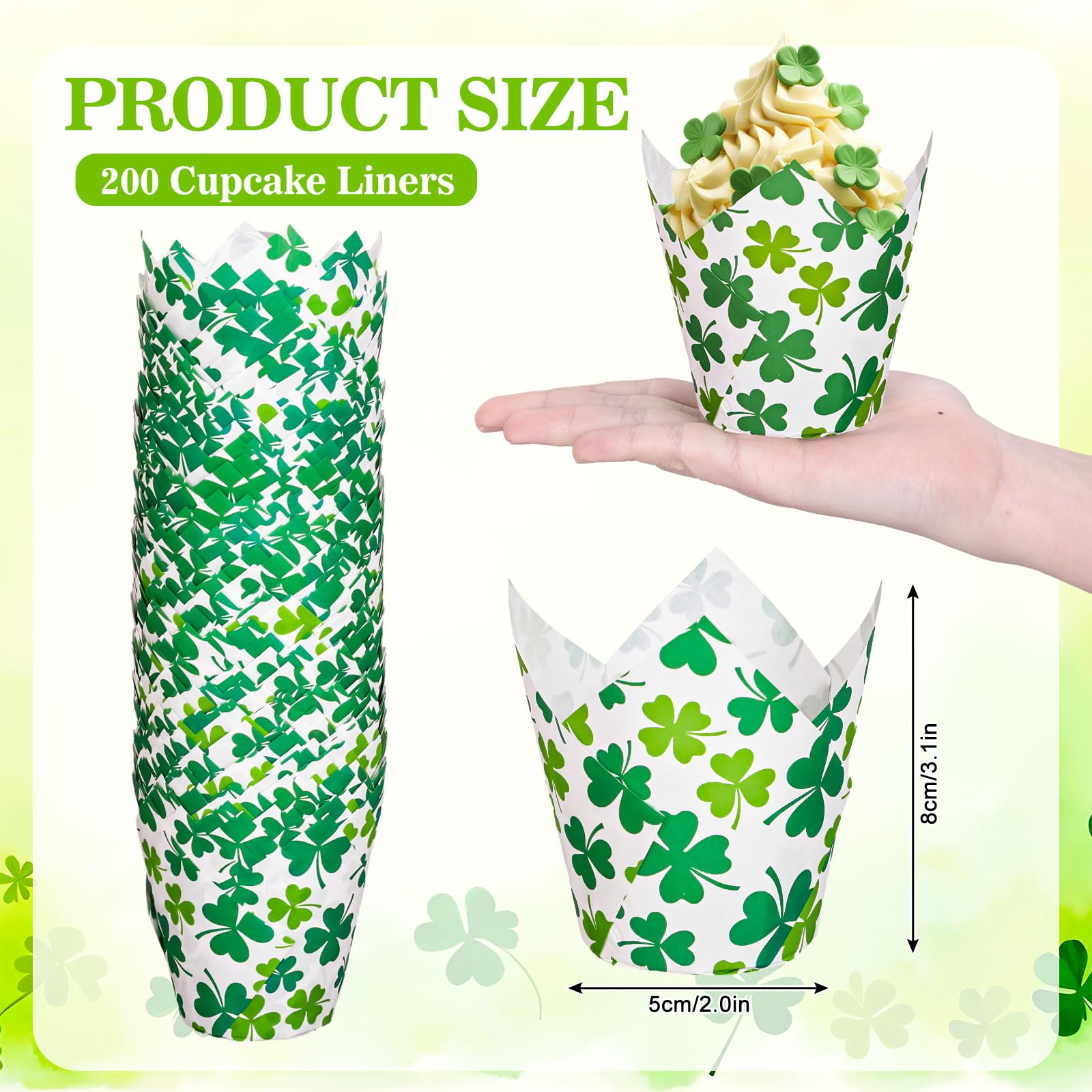 FYSUIMU 200Pcs St. Patrick's Day Tulip Cupcake Liners Green Shamrock Muffin Baking Cups Clover Cupcake Wrappers for Spring Irish Holiday Party Supplies