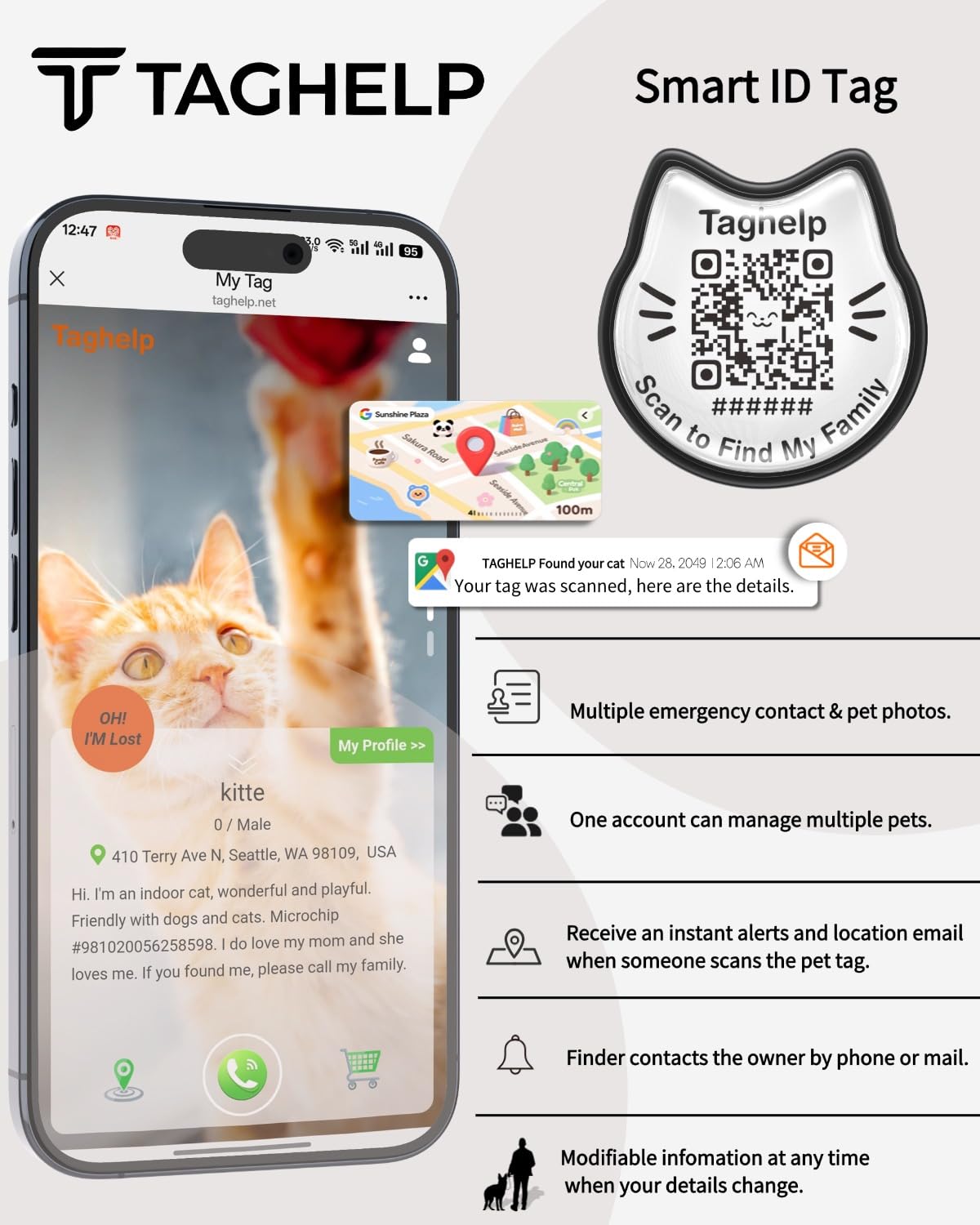 Smart Breakaway Katzenhalsband mit QR-Code, integrierter AirTag-Halter, verstellbares Baumwoll-Katzenhalsband mit Glocke für Kätzchen und erwachsene Katzen, ländlicher Stil mit Airtag-Halter (lila)