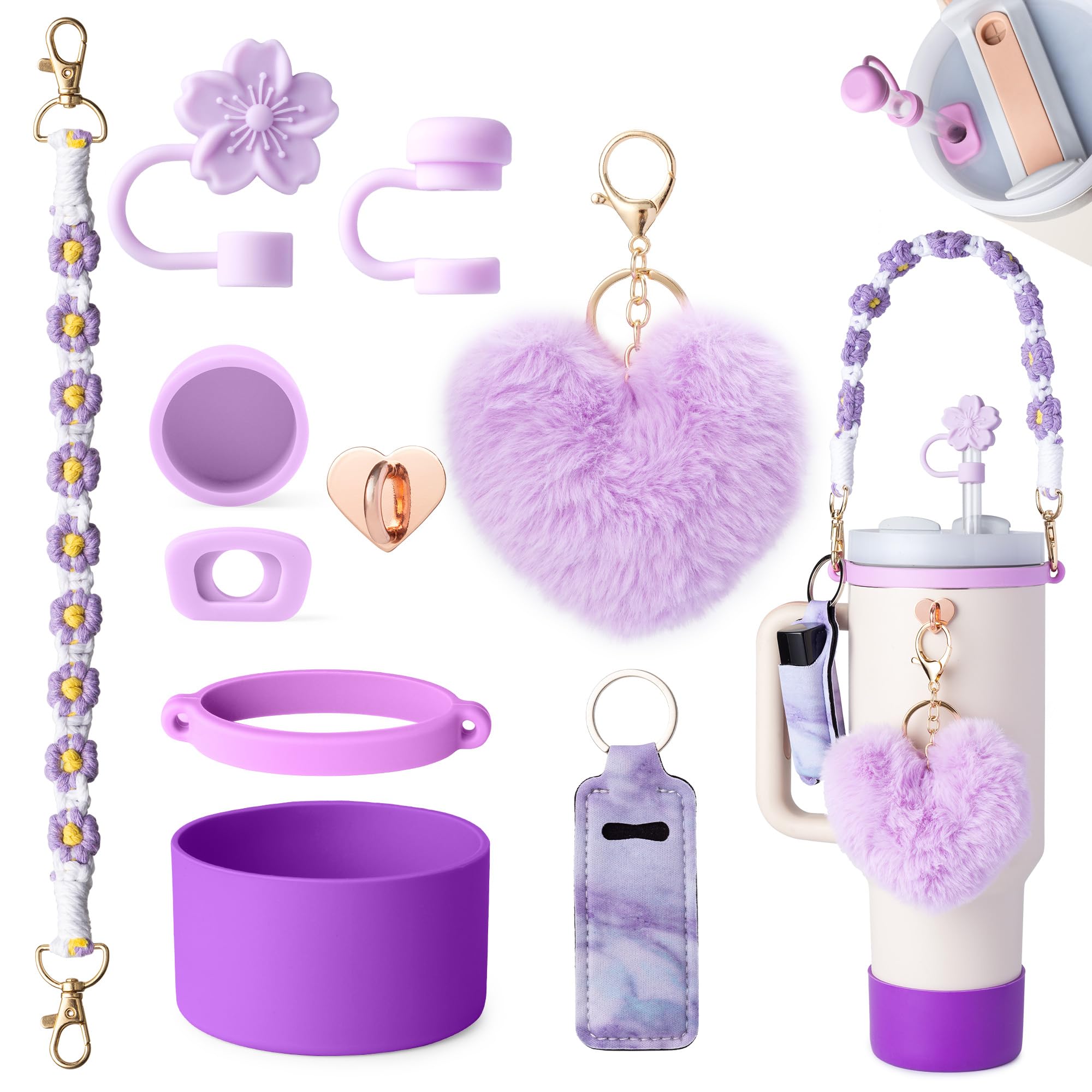 Bufilea Stanley Cup AccessoriesI Bottle Handle Carrier Strap,Silicone Cup Boot, Lipstick Holder, Straw Topper & Spill Stopper Cute Decorative Charms,