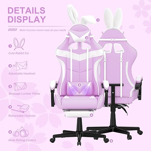 Miniatura 48 de Soontrans Silla de juegos azul claro con reposapiés, bonita silla de videojuegos de conejo, silla de escritorio Kawaii para nieta, hermana, novia,