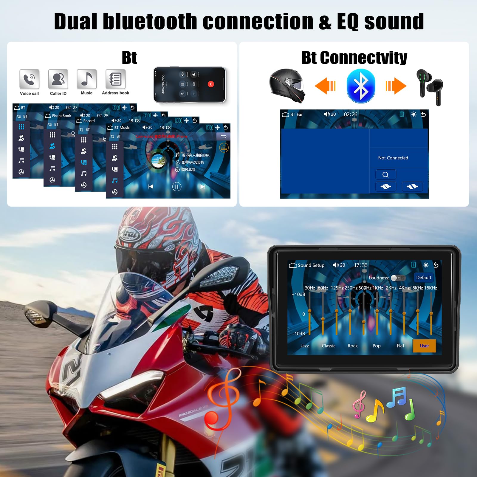 CAMECHO [2026] Carplay Motorrad Dash Navi Display für Moto, 5 Zoll HD-Touchscreen Wasserdicht Motorcycle Navigationsgeräte mit Wireless Carplay Android Auto Bluetooth GPS FM EQ Ton