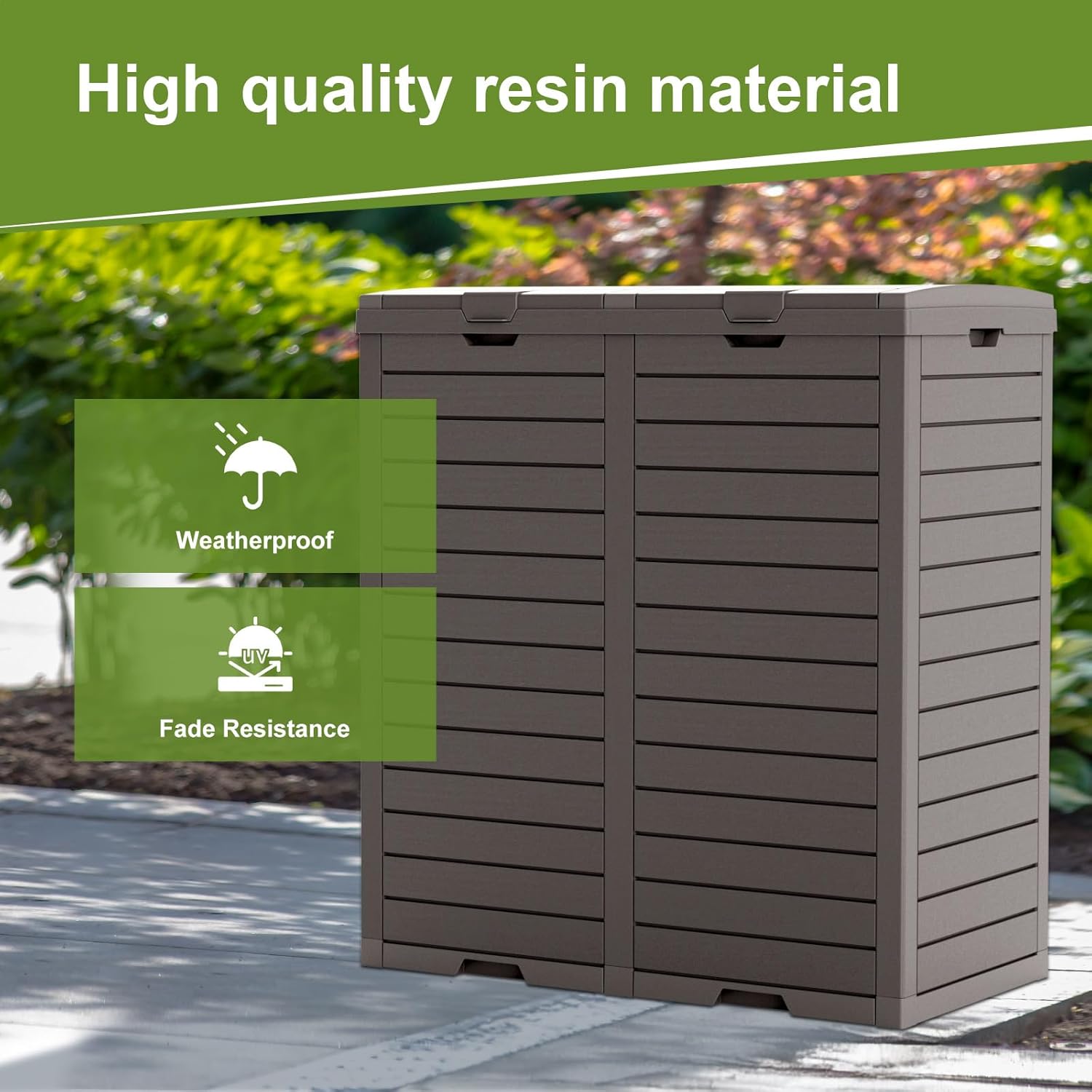 EasyUp Outdoor Trash Can with Lid, Waterproof Resin Patio Garbage Can, Durable and Decorative Waste Bin for Kitchen, Garden, Deck (Grey, 62 Gallon)