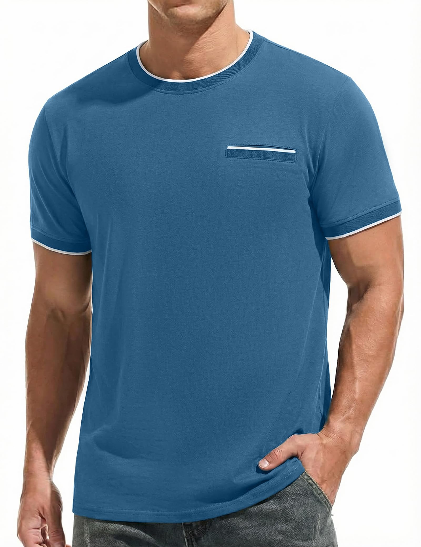 iClosam T Shirt Herren Baumwolle Gerippt Rundhalsausschnitt Kurzarm T-Shirts Männer Bequem Mens Sommer Casual Top S-3XL