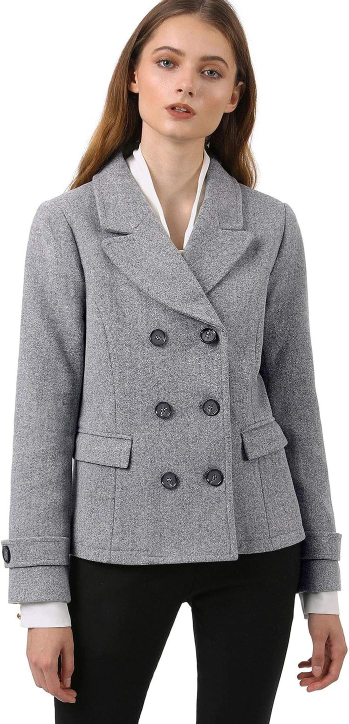 Allegra K Women's Double Breasted Pea Coat in Grey