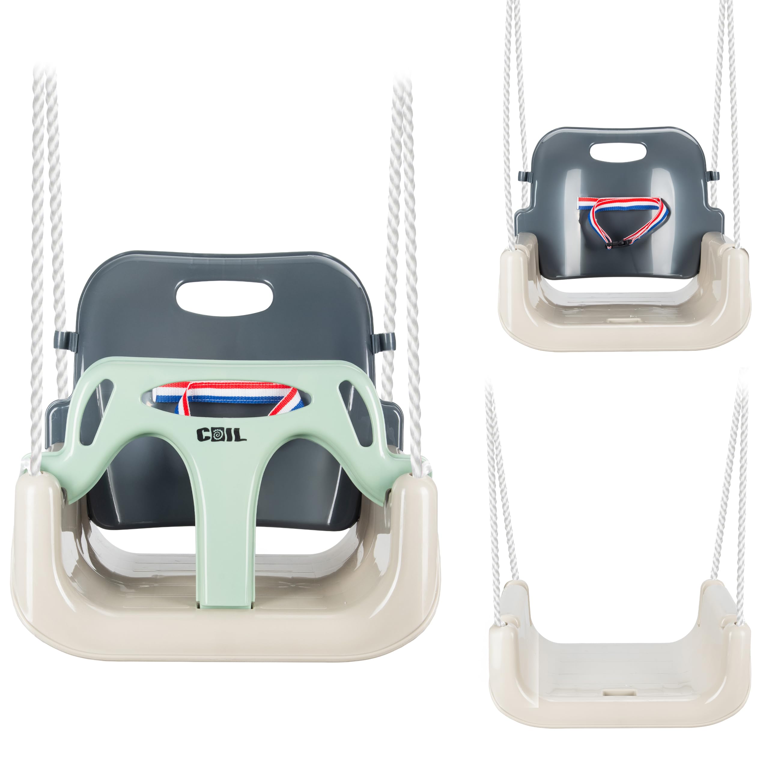 COIL Baby Swing, 3 in 1 Adjustable and Growing Swing, Garden Swing for Babies and Kids, with Backrest and Strap, Supports up to 60kg (Olive)