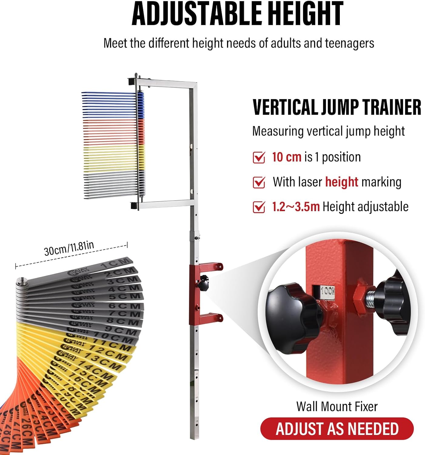 Vertical Jump Tester | Vertical Jump Measurement Tool | 3.9-11.5Ft Adjustable Vertical Jump Trainer | Wall Mounted Jump Height Measurement Pole | Basketball Volleyball Jump Training Equipment
