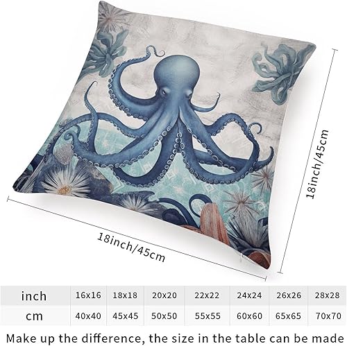 Miniatura 2 de Cojín cuadrado cuadrado con diseño de pulpo, diseño de animales marinos, estilo vintage, náutico, costero, pulpo, para sofá, sala de estar, 18 x 18