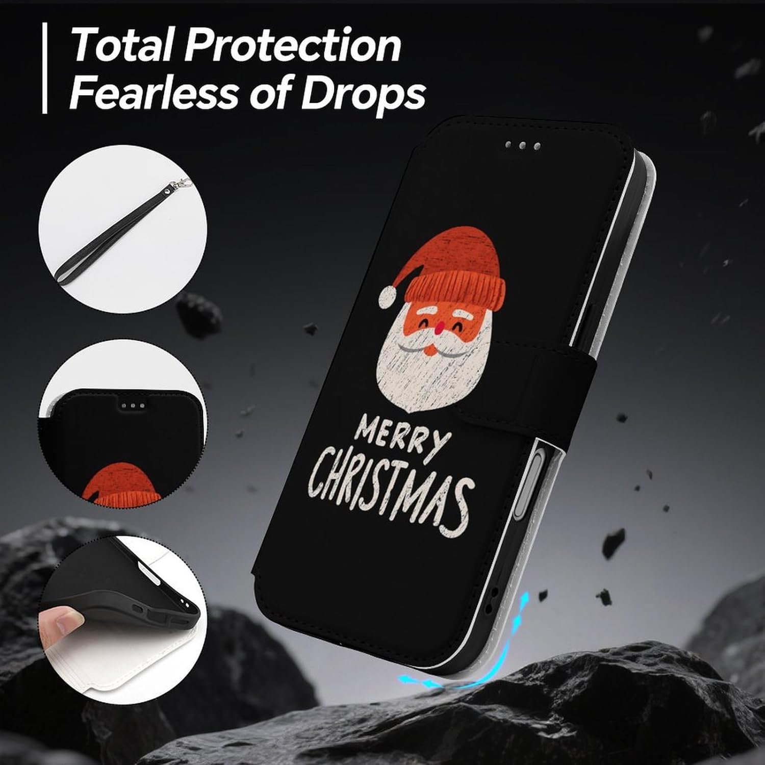 Merry Christmas Santa Compatible with iPhone 16/16 Plus/16 Pro/16 Pro Max/16 E Case Phone Wallet Card Holder Flip Cover with Wrist Strap